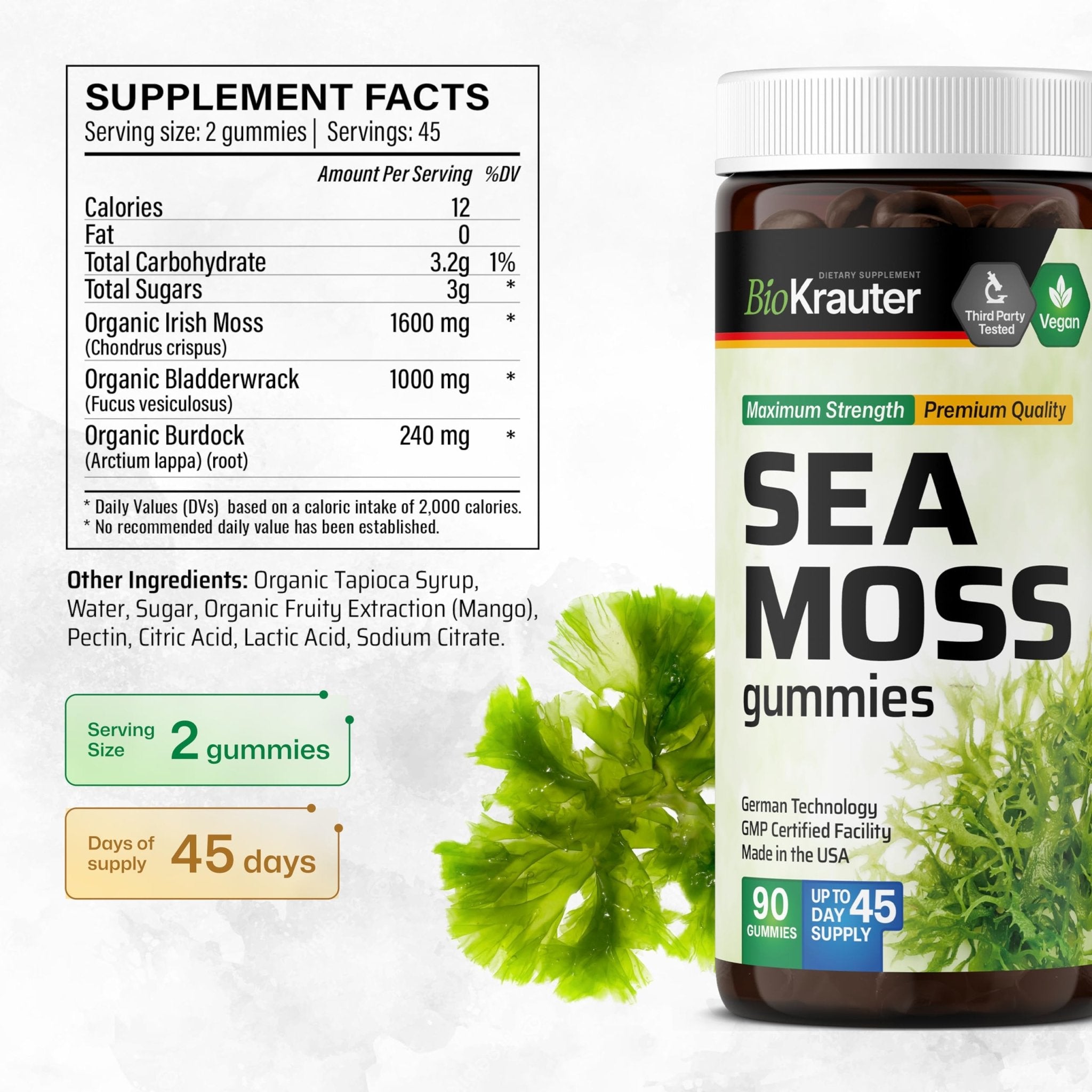 BIO KRAUTER® 3-in-1 Sea Moss for Thyroid Support - Vegan Sea Moss Gummies with Bladderwrack & Burdock Root for Women & Men - 90 Gummies Chondrus Crispus Formula, 45 Days of Supply, Mango Flavor - TrustMedUSA
