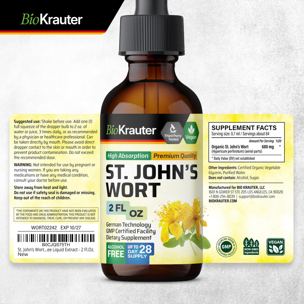 BIO KRAUTER® St Johns Wort for Calm & Mood Support - Vegan St. John's Wort for Relaxation & Emotional Wellness Support - Calm Drops 2 Fl.Oz., 28-Day Supply, Alcohol & Sugar Free Herbal Supplements - Maple Wellness Supplements