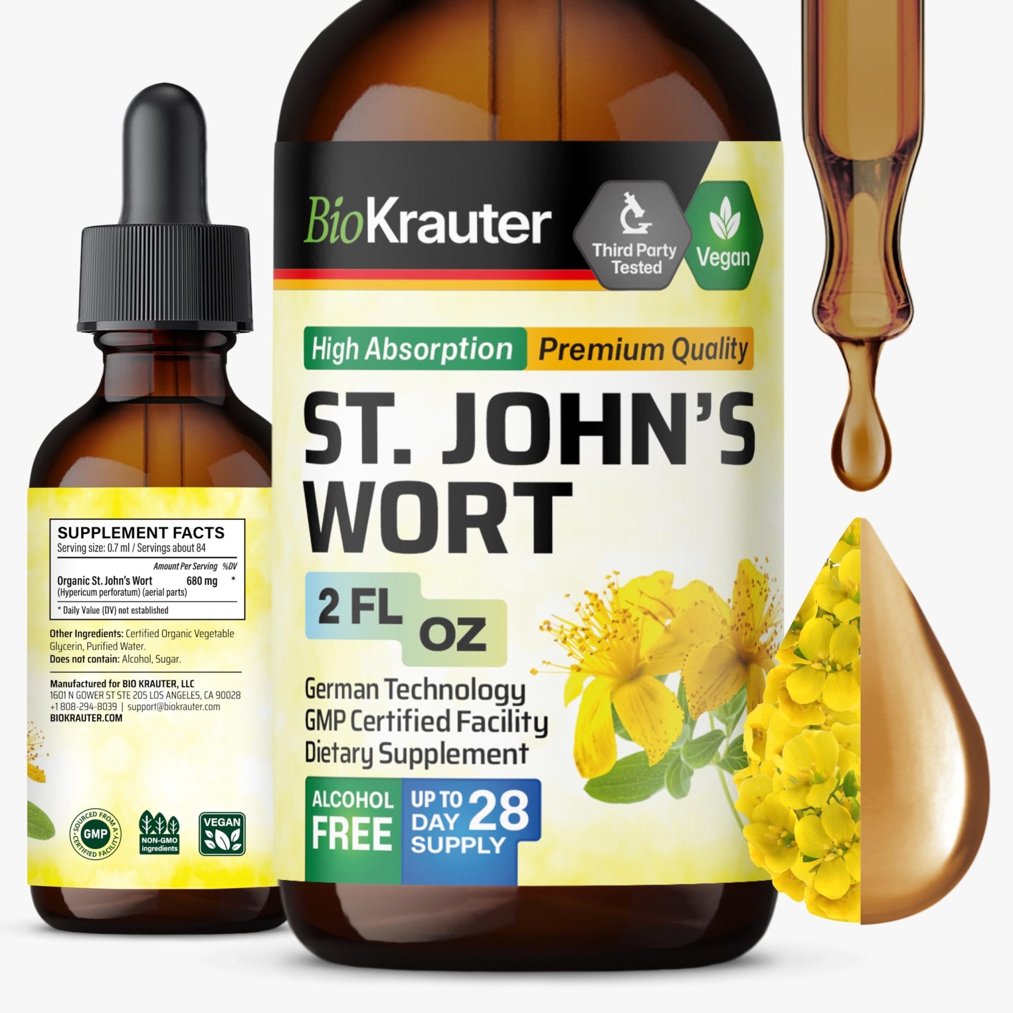 BIO KRAUTER® St Johns Wort for Calm & Mood Support - Vegan St. John's Wort for Relaxation & Emotional Wellness Support - Calm Drops 2 Fl.Oz., 28-Day Supply, Alcohol & Sugar Free Herbal Supplements - Maple Wellness Supplements