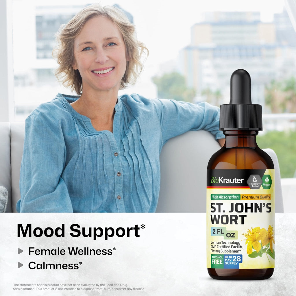 BIO KRAUTER® St Johns Wort for Calm & Mood Support - Vegan St. John's Wort for Relaxation & Emotional Wellness Support - Calm Drops 2 Fl.Oz., 28-Day Supply, Alcohol & Sugar Free Herbal Supplements - Maple Wellness Supplements