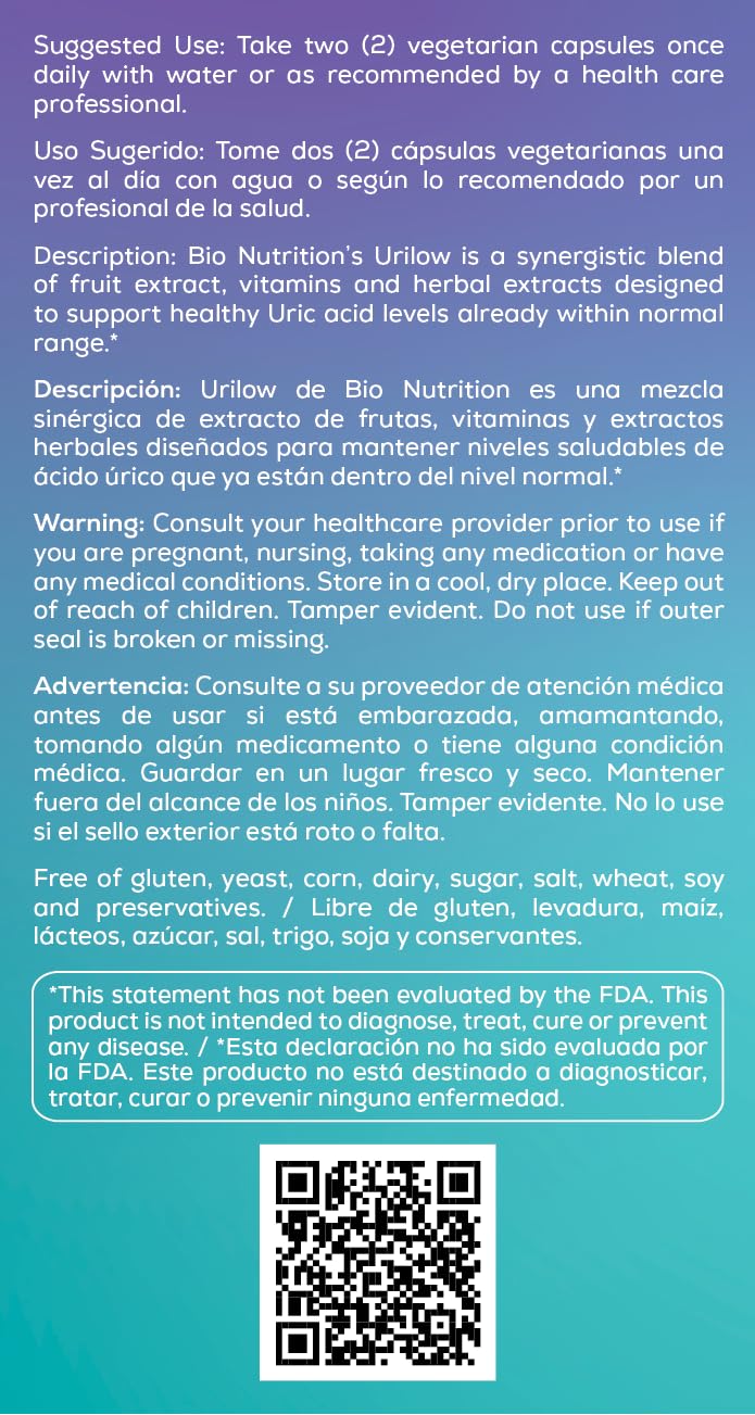 Bio Nutrition 2 Pack Urilow 60 Vegetarian Capsules | Natural Support for Urinary Health | Promotes a Healthy Uric Acid Balance - TrustMedUSA