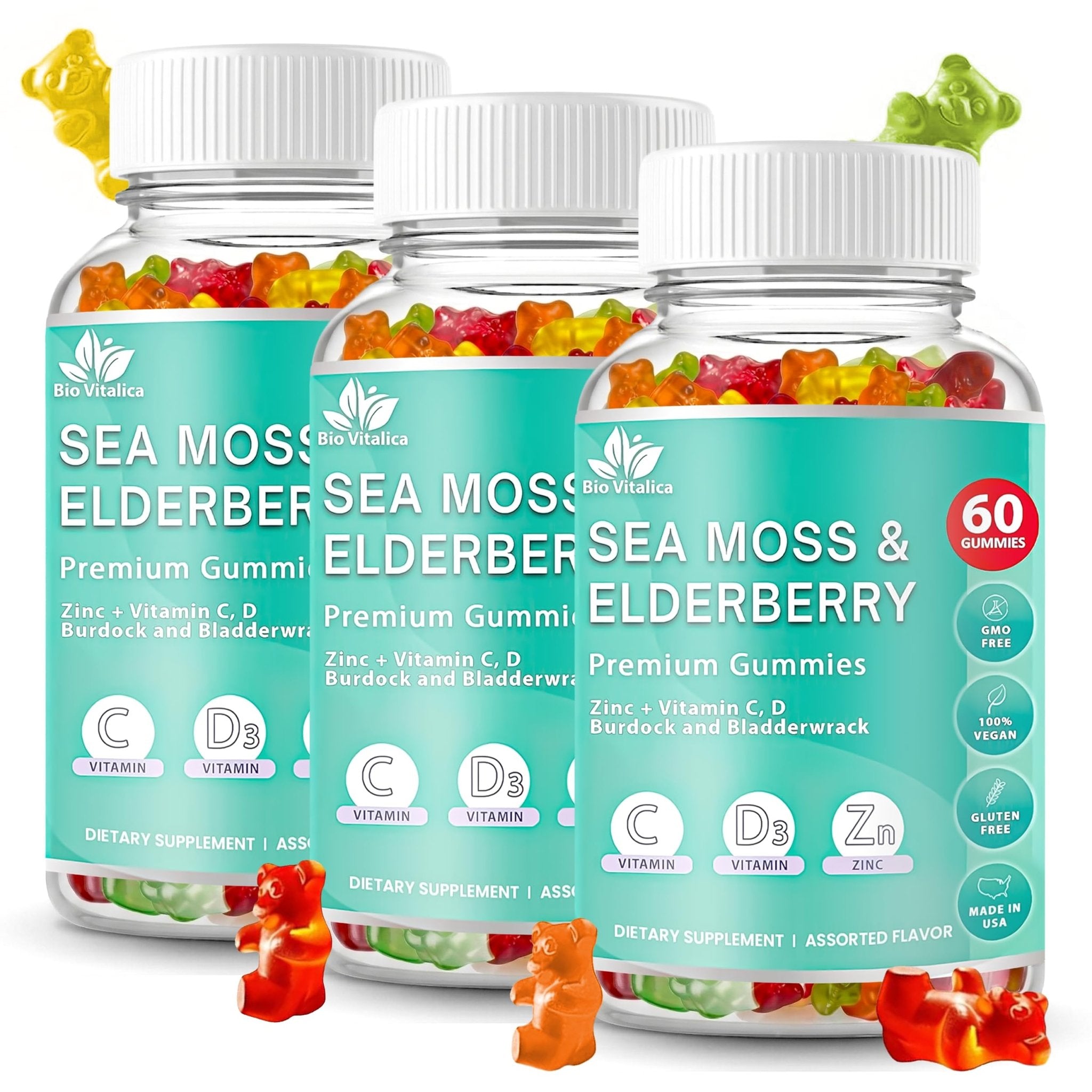 BIO VITALICA Irish Sea Moss Gummies with Elderberry – USA Made Vegan Gummies with Vitamin C, D & Zinc – Immune Support Supplement with Bladderwrack & Burdock Root for Adults & Kids – 3 Packs - TrustMedUSA