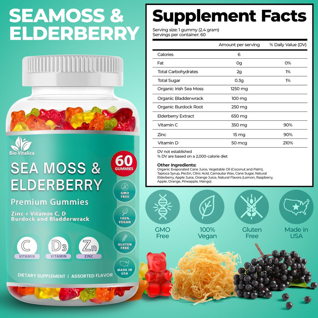 BIO VITALICA Irish Sea Moss Gummies with Elderberry – USA Made Vegan Gummies with Vitamin C, D & Zinc – Immune Support Supplement with Bladderwrack & Burdock Root for Adults & Kids – 3 Packs - TrustMedUSA