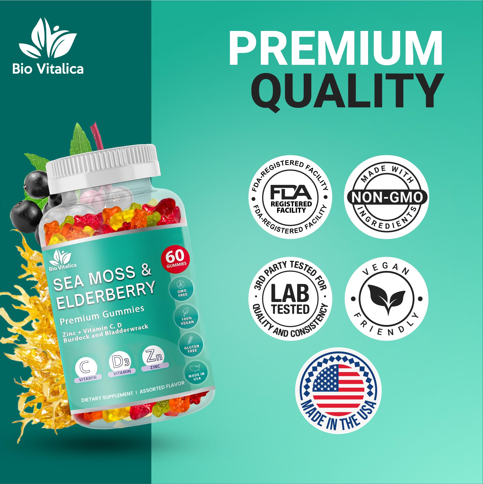 BIO VITALICA Irish Sea Moss Gummies with Elderberry – USA Made Vegan Gummies with Vitamin C, D & Zinc – Immune Support Supplement with Bladderwrack & Burdock Root for Adults & Kids – 3 Packs - TrustMedUSA