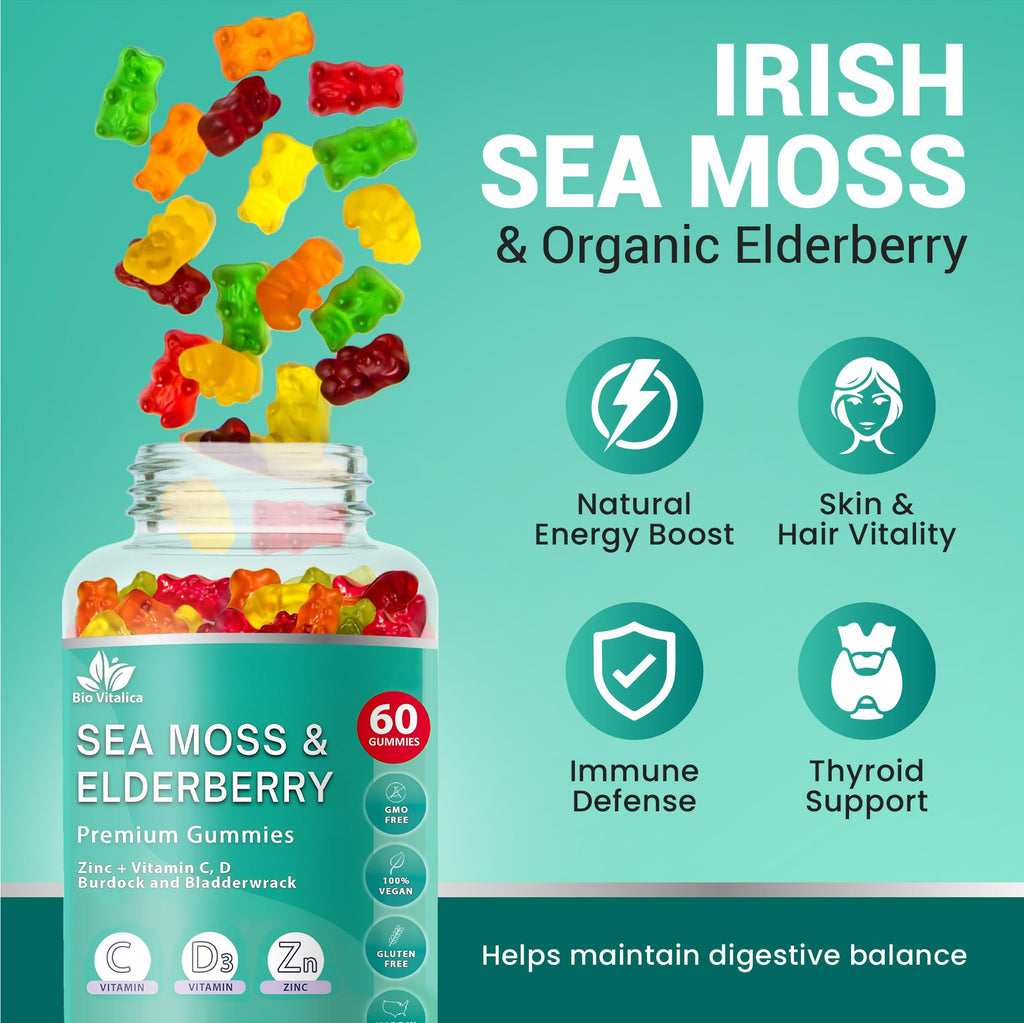 BIO VITALICA Irish Sea Moss Gummies with Elderberry – USA Made Vegan Gummies with Vitamin C, D & Zinc – Immune Support Supplement with Bladderwrack & Burdock Root for Adults & Kids – 3 Packs - TrustMedUSA