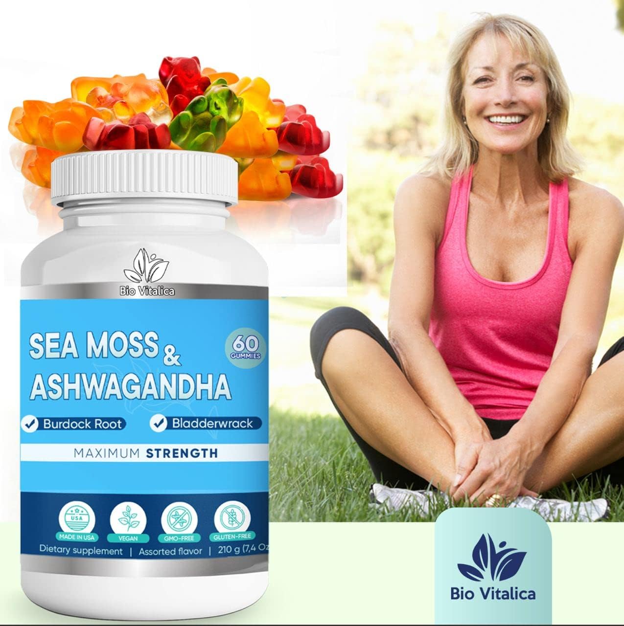 BIO VITALICA Sea Moss Ashwagandha Gummies - Organic Irish Seamoss & Ashwagandha Root Supplements for Supporting Energy for Men & Women, 60 Vegan Gummies - TrustMedUSA