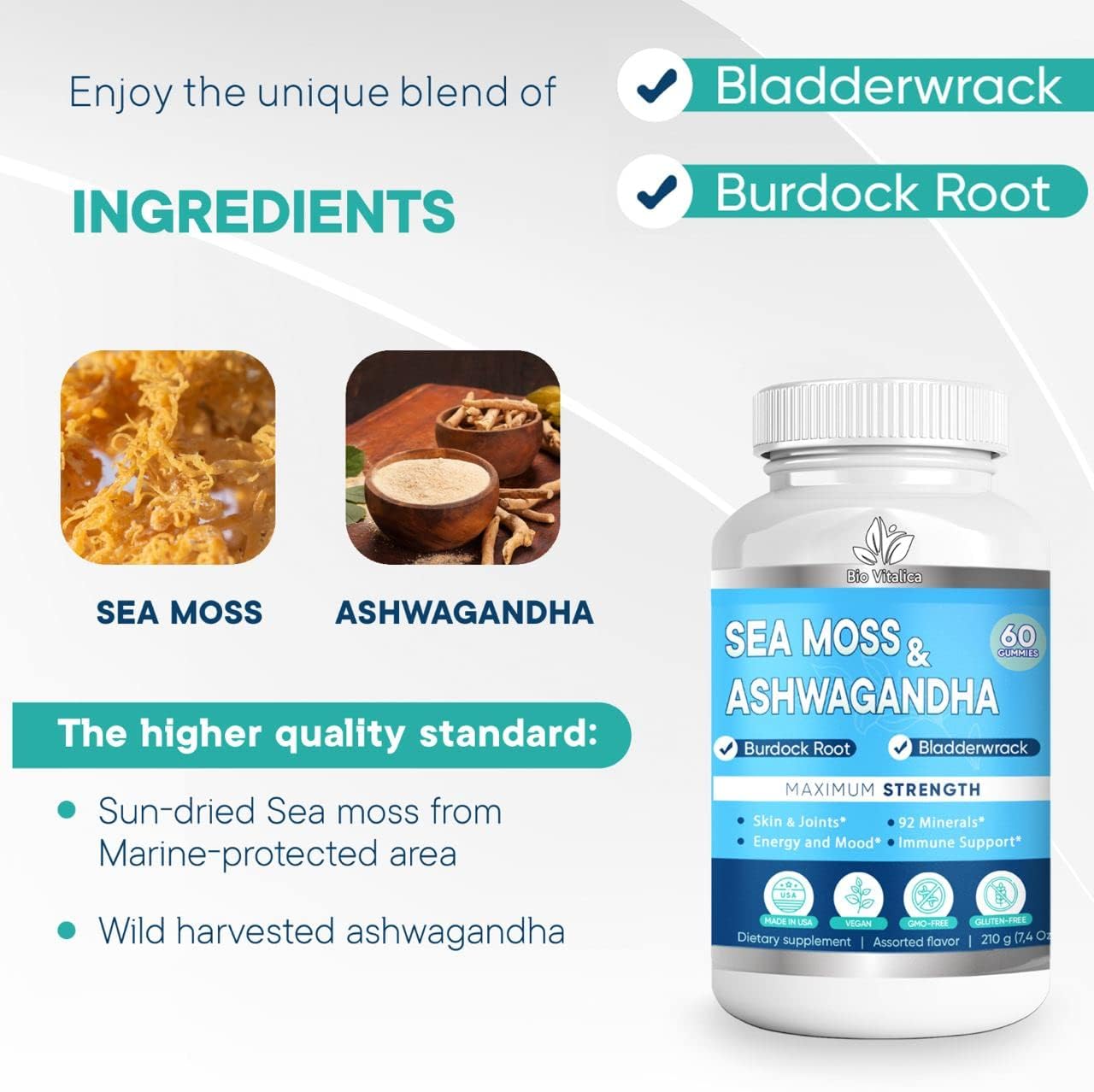 BIO VITALICA Sea Moss Ashwagandha Gummies - Organic Irish Seamoss & Ashwagandha Root Supplements for Supporting Energy for Men & Women, 60 Vegan Gummies - TrustMedUSA