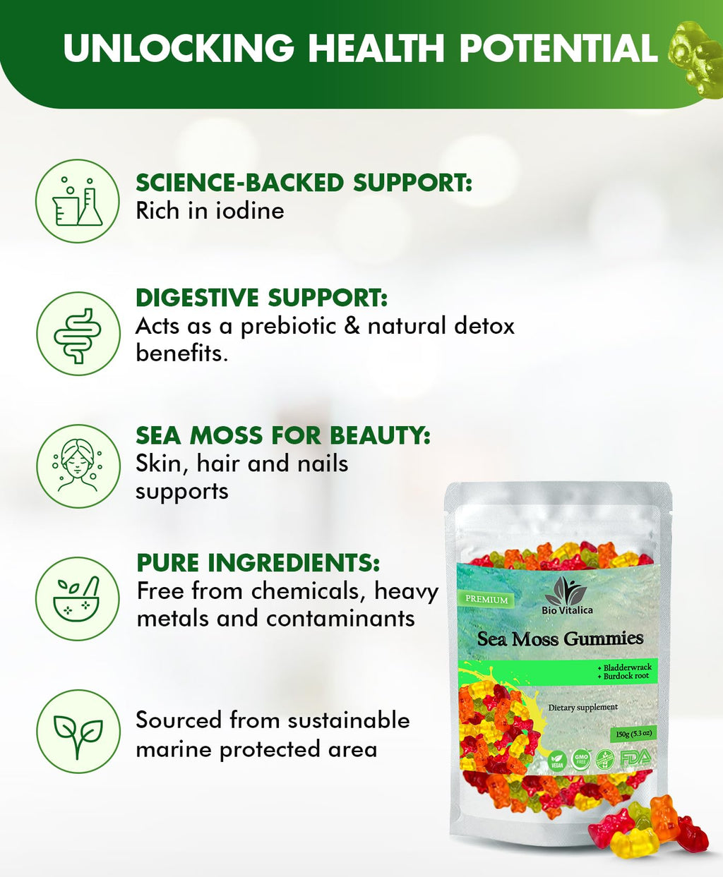 BIO VITALICA Sea Moss Gummies – with Bladderwrack & Burdock Root – Wildcrafted Gel + Powder – Vegan, Keto, Non-GMO, Gluten-Free – Fruity Mineral-Rich Gummies – 50 Count (3 Pack) - TrustMedUSA