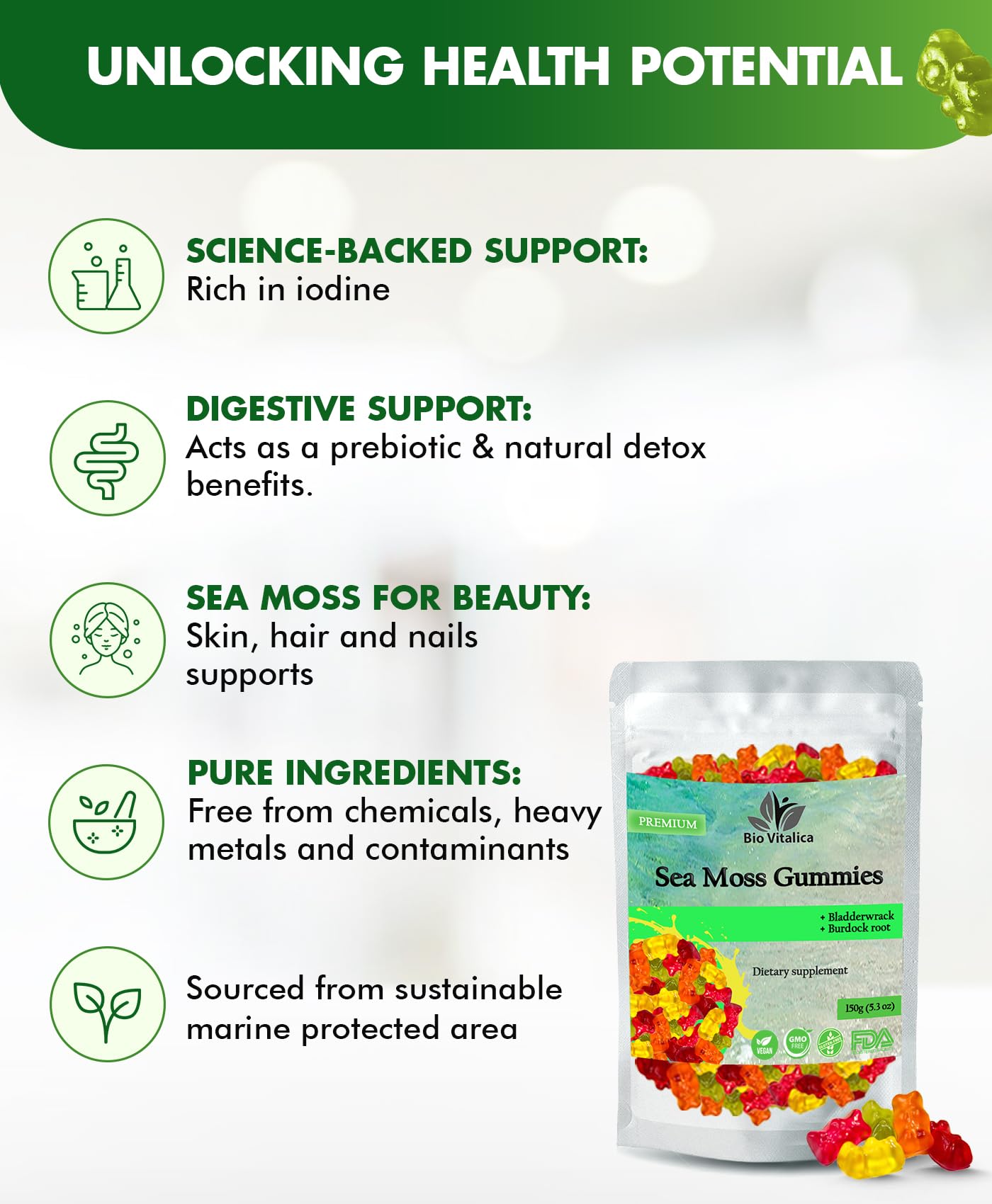 BIO VITALICA Sea Moss Gummies – with Bladderwrack & Burdock Root – Wildcrafted Gel + Powder – Vegan, Keto, Non-GMO, Gluten-Free – Fruity Mineral-Rich Gummies – 50 Count (3 Pack) - TrustMedUSA