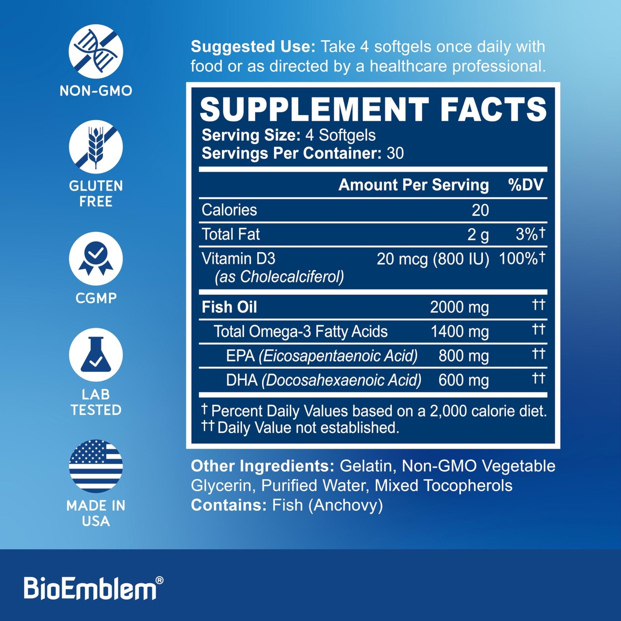 BioEmblem Omega-3 Fish Oil 2000mg - Small Size Softgels, High Absorption Form, Sustainable - 1400mg EPA &DHA Plus Vitamin D3, Non-GMO, Heart, Joint, & Brain Health Fish Oil Supplement, 120 Ct - Maple Wellness Supplements