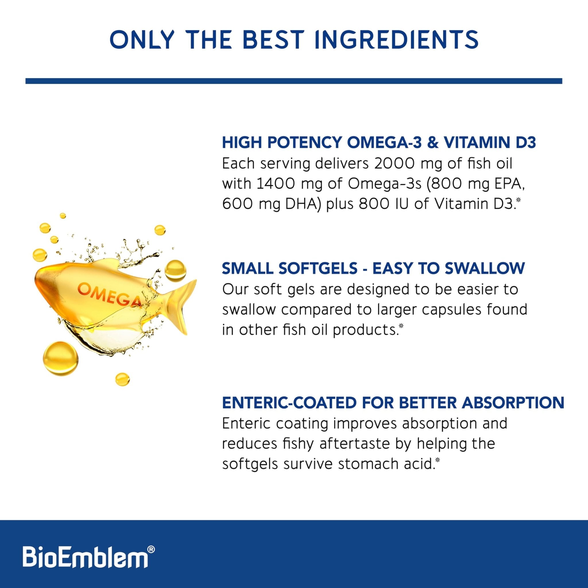 BioEmblem Omega-3 Fish Oil 2000mg - Small Size Softgels, High Absorption Form, Sustainable - 1400mg EPA &DHA Plus Vitamin D3, Non-GMO, Heart, Joint, & Brain Health Fish Oil Supplement, 120 Ct - Maple Wellness Supplements
