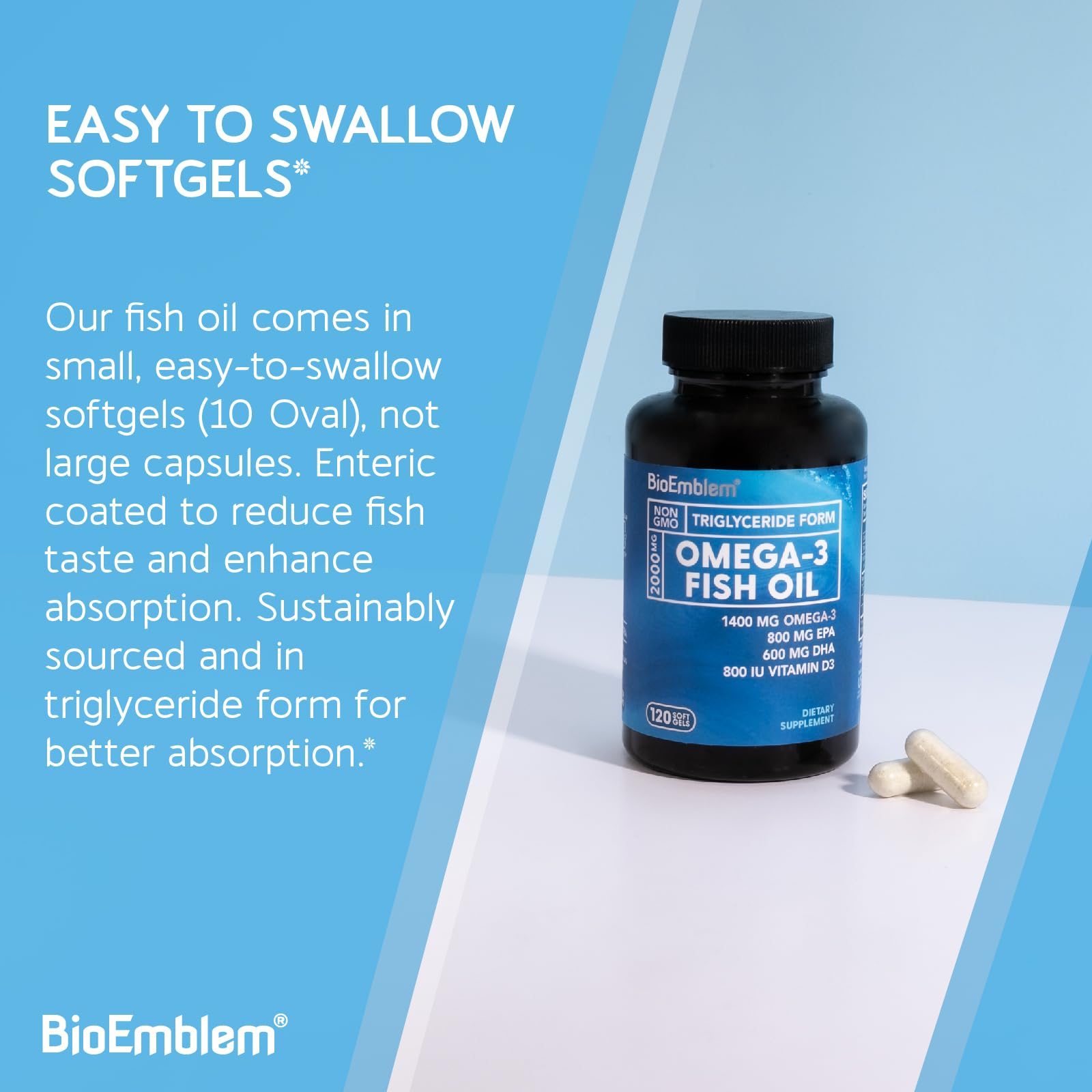 BioEmblem Omega-3 Fish Oil 2000mg - Small Size Softgels, High Absorption Form, Sustainable - 1400mg EPA &DHA Plus Vitamin D3, Non-GMO, Heart, Joint, & Brain Health Fish Oil Supplement, 120 Ct - Maple Wellness Supplements