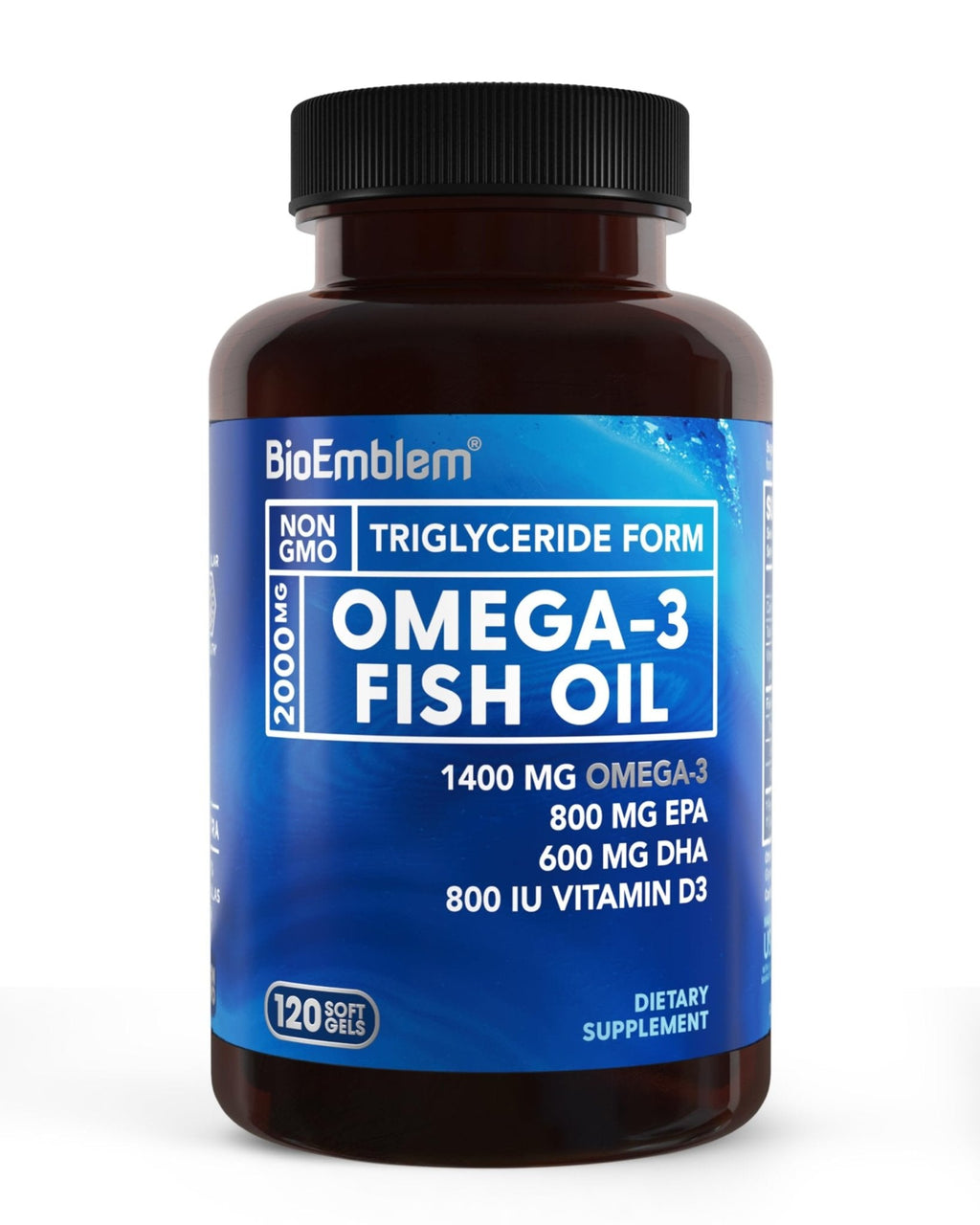 BioEmblem Omega-3 Fish Oil 2000mg - Small Size Softgels, High Absorption Form, Sustainable - 1400mg EPA &DHA Plus Vitamin D3, Non-GMO, Heart, Joint, & Brain Health Fish Oil Supplement, 120 Ct - Maple Wellness Supplements