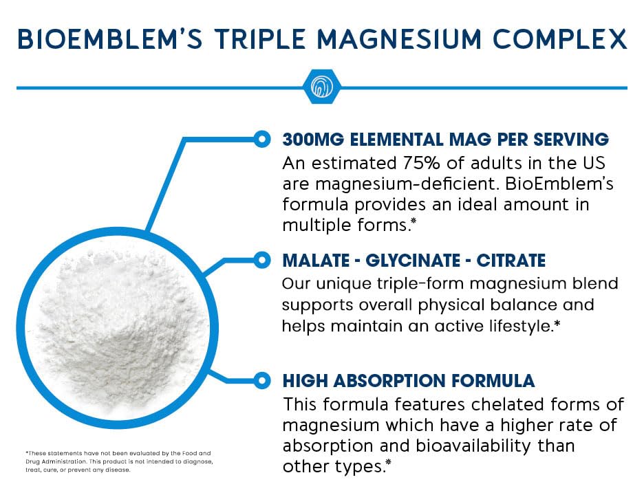 BioEmblem Triple Magnesium Complex | 300mg Magnesium Glycinate, Malate & Citrate | High Absorption Chelated Formula - TrustMedUSA
