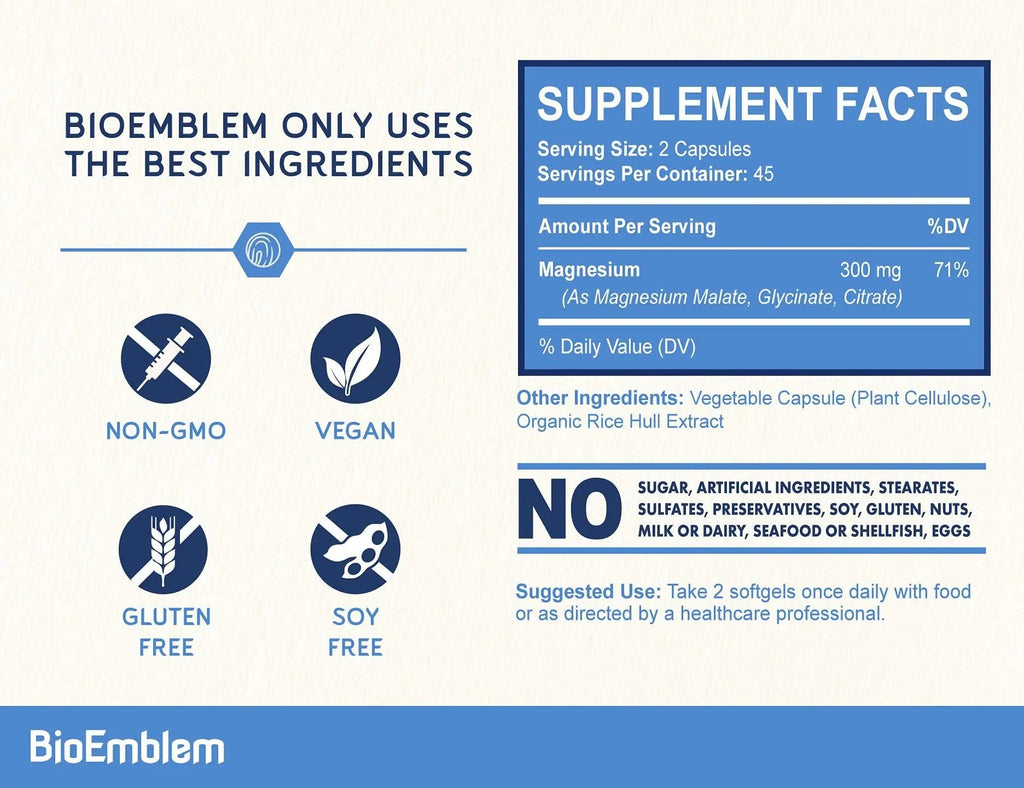 BioEmblem Triple Magnesium Complex | 300mg Magnesium Glycinate, Malate & Citrate | High Absorption Chelated Formula | Vegan, Non-GMO, Gluten-Free | 90 Capsules - TrustMedUSA