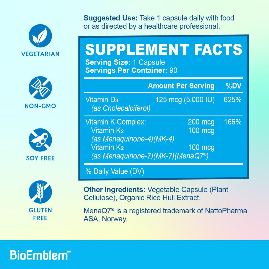 BioEmblem Vitamin D3 K2 Capsules (5000IU and 200mcg) - Patented MK7 and MK4 for 3-in-1 Complex Support - Vegetarian Vitamin D K2 Supplement for Teeth, Heart, Immune System - Non-GMO, 90 Caps - Maple Wellness Supplements