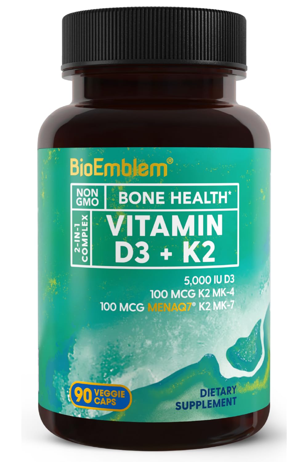 BioEmblem Vitamin D3 K2 Capsules (5000IU and 200mcg) - Patented MK7 and MK4 for 3-in-1 Complex Support - Vegetarian Vitamin D K2 Supplement for Teeth, Heart, Immune System - Non-GMO, 90 Caps - Maple Wellness Supplements