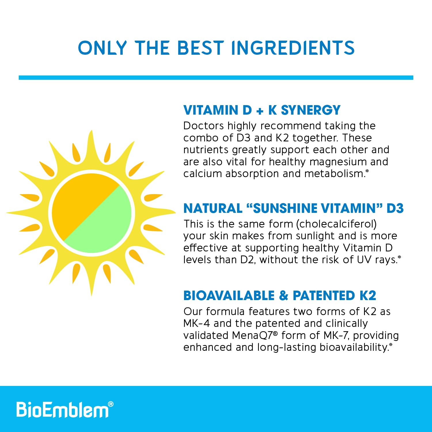 BioEmblem Vitamin D3 K2 Capsules (5000IU and 200mcg) - Patented MK7 and MK4 for 3-in-1 Complex Support - Vegetarian Vitamin D K2 Supplement for Teeth, Heart, Immune System - Non-GMO, 90 Caps - Maple Wellness Supplements