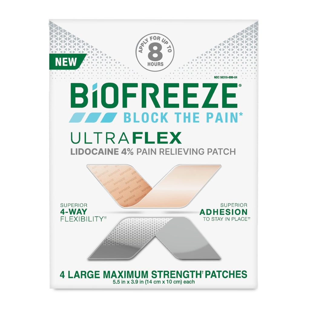 Biofreeze Ultraflex Maximum Strength 4% Lidocaine Patches, Non-Menthol, Flexible Pain Relief Patch for Lower Back, Lidocaine Patch for Neck, Knee, Shoulder, 4 Large Pain Patches - TrustMedUSA