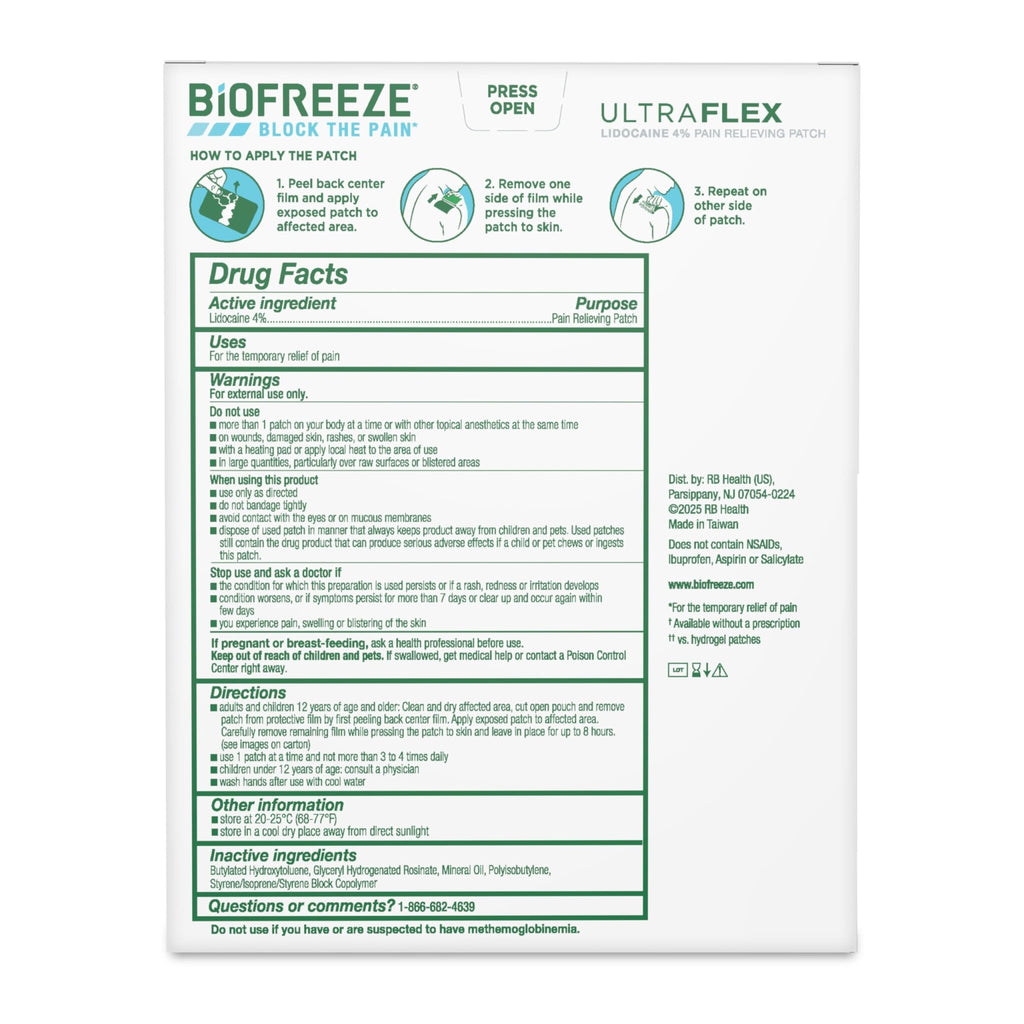 Biofreeze Ultraflex Maximum Strength 4% Lidocaine Patches, Non-Menthol, Flexible Pain Relief Patch for Lower Back, Lidocaine Patch for Neck, Knee, Shoulder, 4 Large Pain Patches - TrustMedUSA