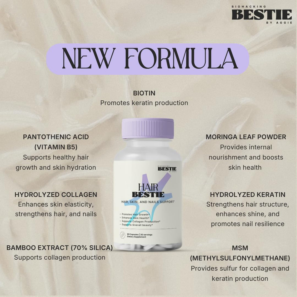 Biohacking Bestie Hair Bestie for Women & Men - Hair Growth Supplement with Biotin, Collagen, Vitamin B5, & Keratin, Support for Skin Health & Nails - 60 Capsules - TrustMedUSA