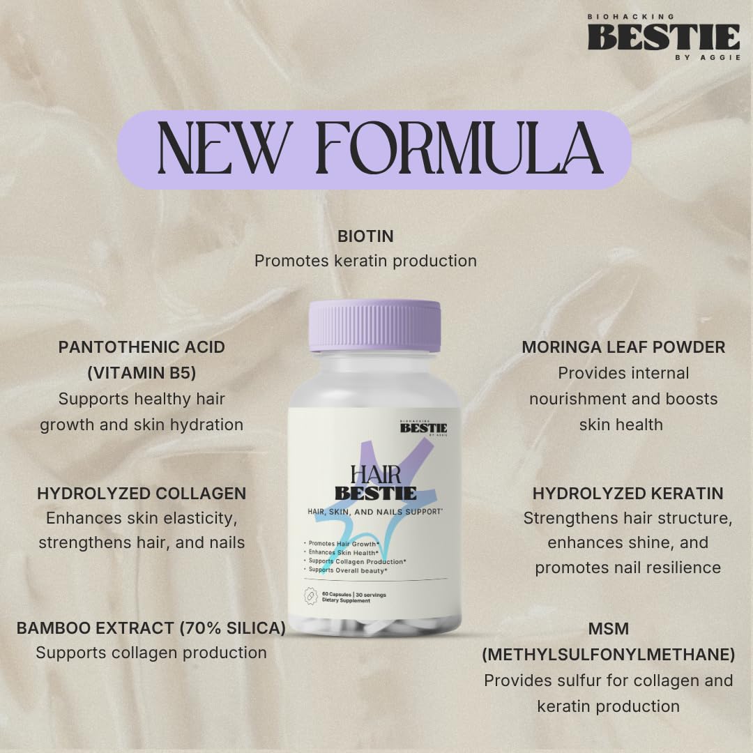 Biohacking Bestie Hair Bestie for Women & Men - Hair Growth Supplement with Biotin, Collagen, Vitamin B5, & Keratin, Support for Skin Health & Nails - 60 Capsules - TrustMedUSA