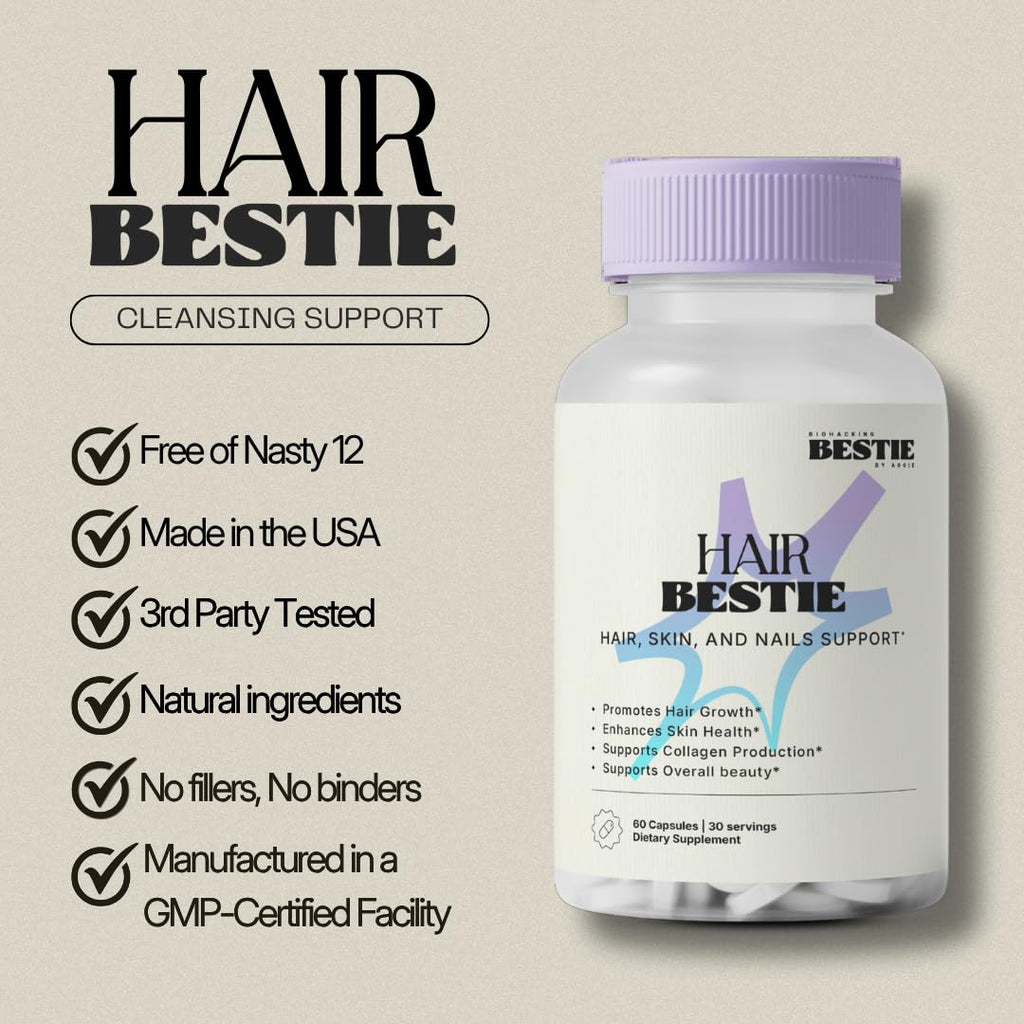 Biohacking Bestie Hair Bestie for Women & Men - Hair Growth Supplement with Biotin, Collagen, Vitamin B5, & Keratin, Support for Skin Health & Nails - 60 Capsules - TrustMedUSA