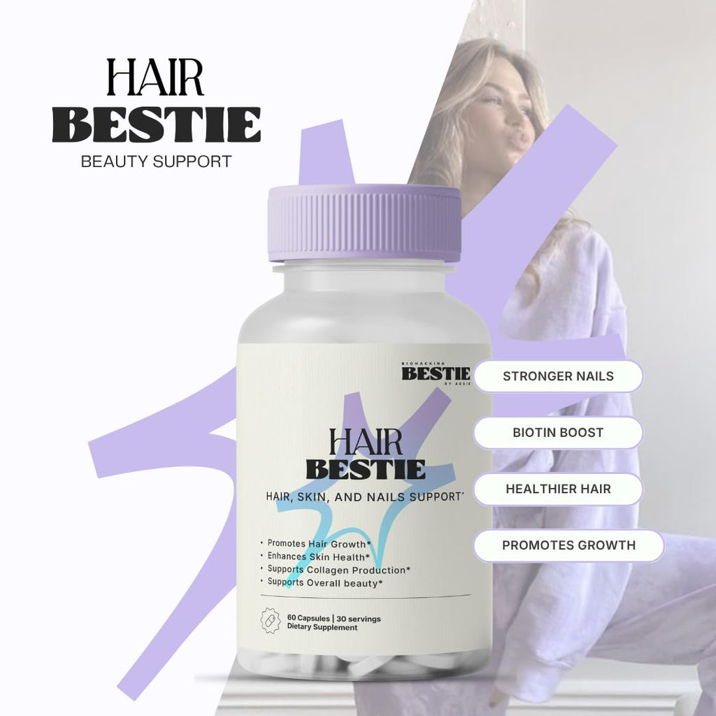 Biohacking Bestie Hair Bestie for Women & Men - Hair Growth Supplement with Biotin, Collagen, Vitamin B5, & Keratin, Support for Skin Health & Nails - 60 Capsules - TrustMedUSA