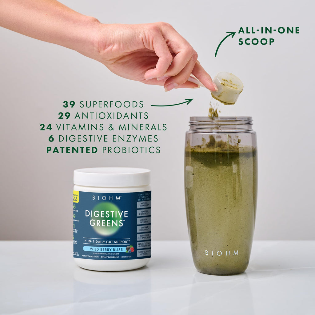 BIOHM Digestive Greens, Green Superfood Powder (7.4 Oz, 30 Servings) Immune & Gut Health Support with Antioxidants, Vitamins, Probiotics & Enzymes, Good Source of Fiber, Berry Flavor - TrustMedUSA