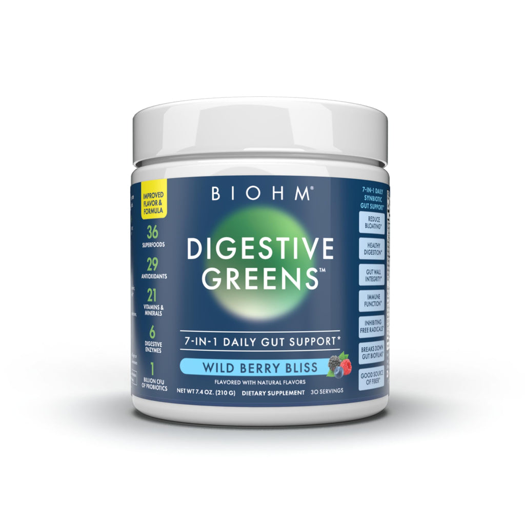 BIOHM Digestive Greens, Green Superfood Powder (7.4 Oz, 30 Servings) Immune & Gut Health Support with Antioxidants, Vitamins, Probiotics & Enzymes, Good Source of Fiber, Berry Flavor - TrustMedUSA