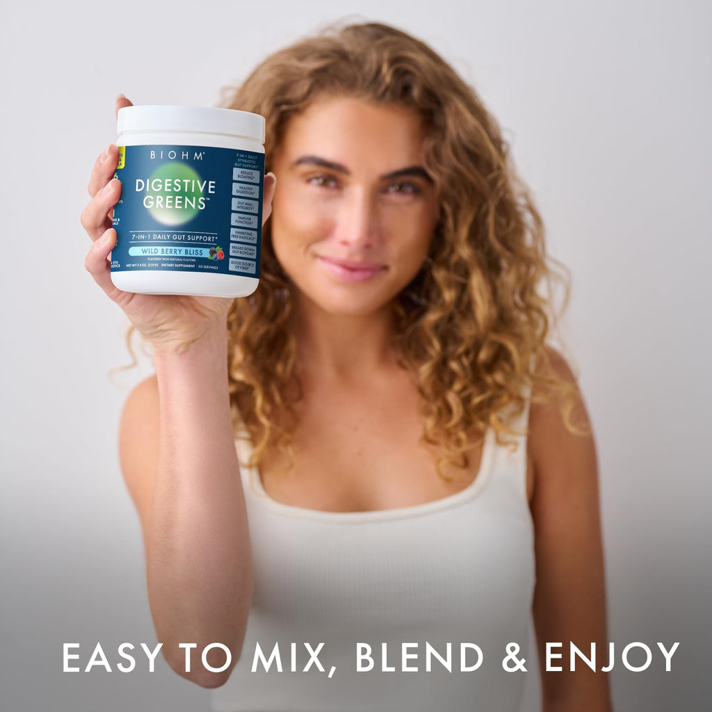 BIOHM Digestive Greens, Green Superfood Powder (7.4 Oz, 30 Servings) Immune & Gut Health Support with Antioxidants, Vitamins, Probiotics & Enzymes, Good Source of Fiber, Berry Flavor - TrustMedUSA