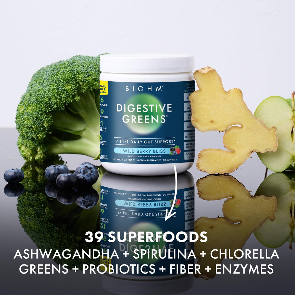 BIOHM Digestive Greens, Green Superfood Powder (7.4 Oz, 30 Servings) Immune & Gut Health Support with Antioxidants, Vitamins, Probiotics & Enzymes, Good Source of Fiber, Berry Flavor - TrustMedUSA
