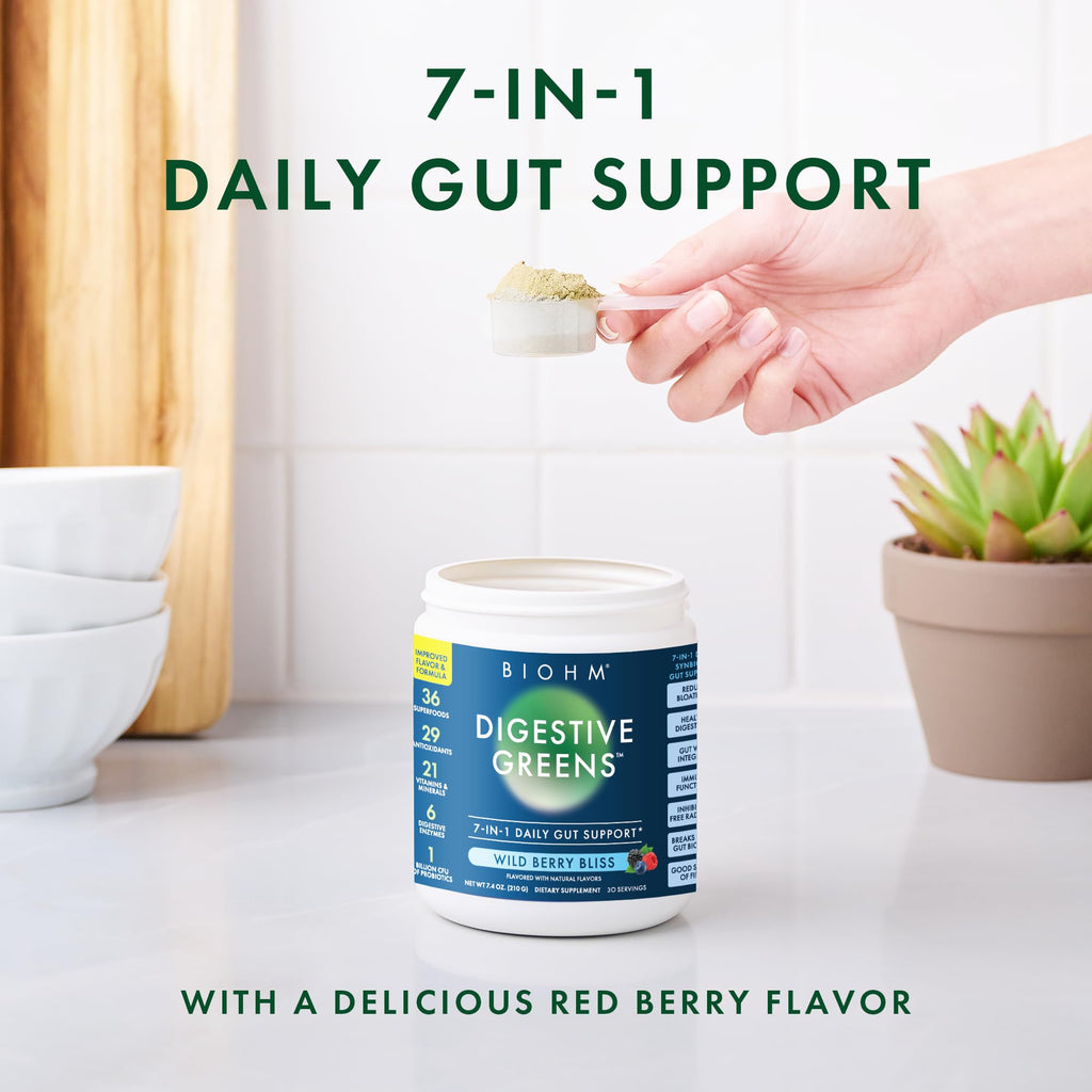 BIOHM Digestive Greens, Green Superfood Powder (7.4 Oz, 30 Servings) Immune & Gut Health Support with Antioxidants, Vitamins, Probiotics & Enzymes, Good Source of Fiber, Berry Flavor - TrustMedUSA