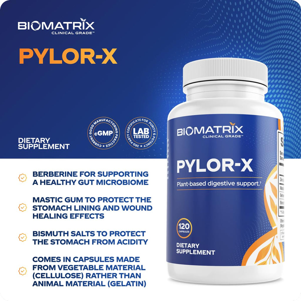 BioMatrix Pylor-X Gut Health Supplement – Mastic Gum, Berberine, Zinc Carnosine & Bismuth Salts for Gastric Support, Digestive Comfort, Stomach Lining Protection - (120 Capsules) 30-60 Day Supply - TrustMedUSA