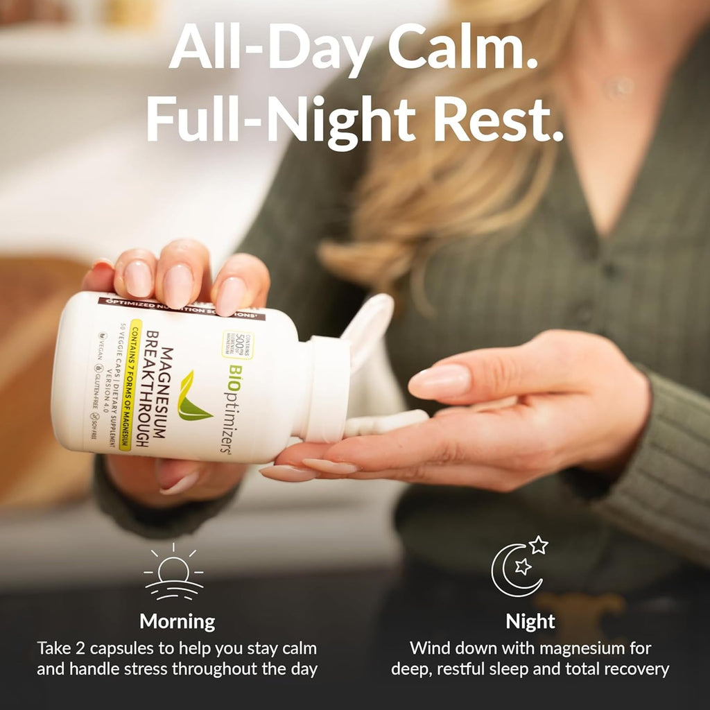 BIOptimizers Magnesium Breakthrough Supplement with 500mg - 7 Forms of Magnesium: Glycinate, Malate, Citrate, and More - Natural Support for Sleep and Cognitive Function -30 Capsules- Calming Vitamins - TrustMedUSA