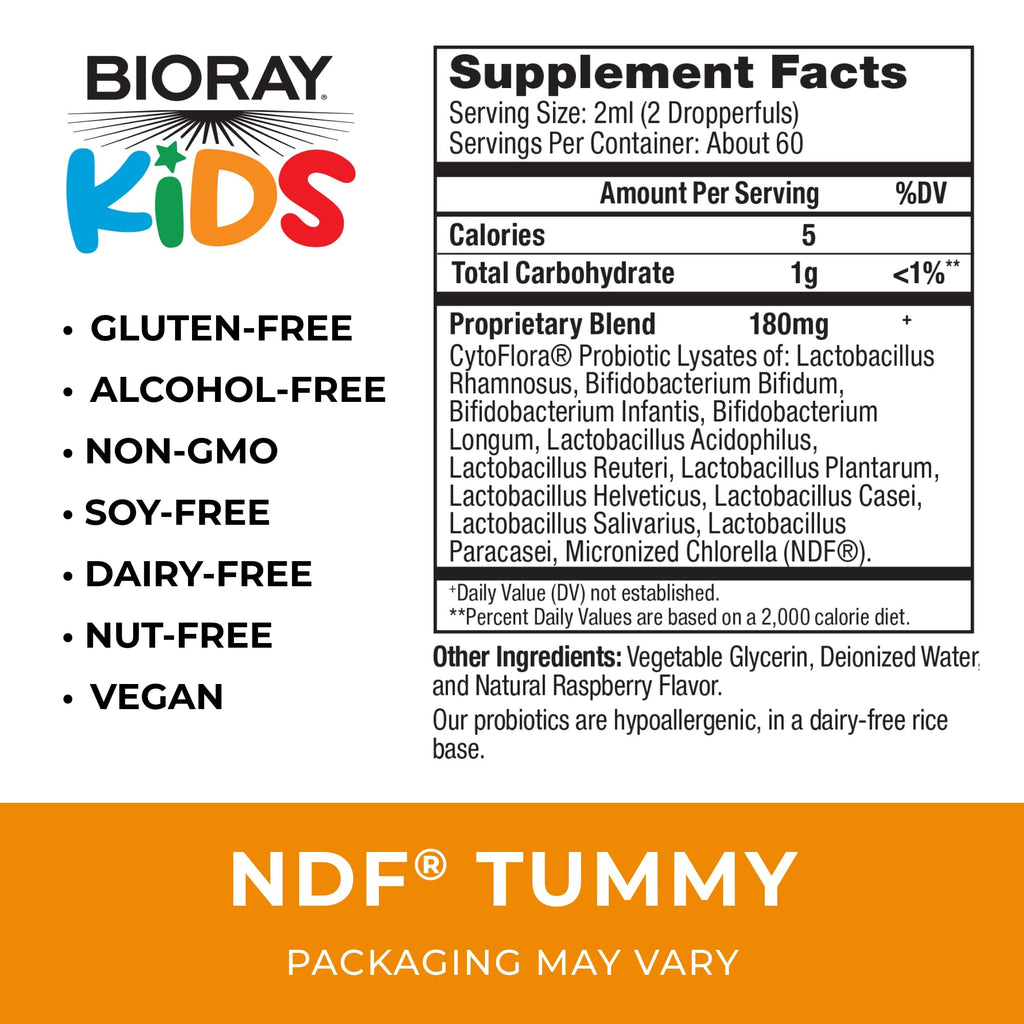 BIORAY Kids NDF Tummy, Raspberry - 4 fl oz (120 mL) - 11-Strain Probiotic Blend - Supports the Immune Response in the GI Tract - Non-GMO, Vegan, Gluten Free - Approx. 120 Servings - TrustMedUSA