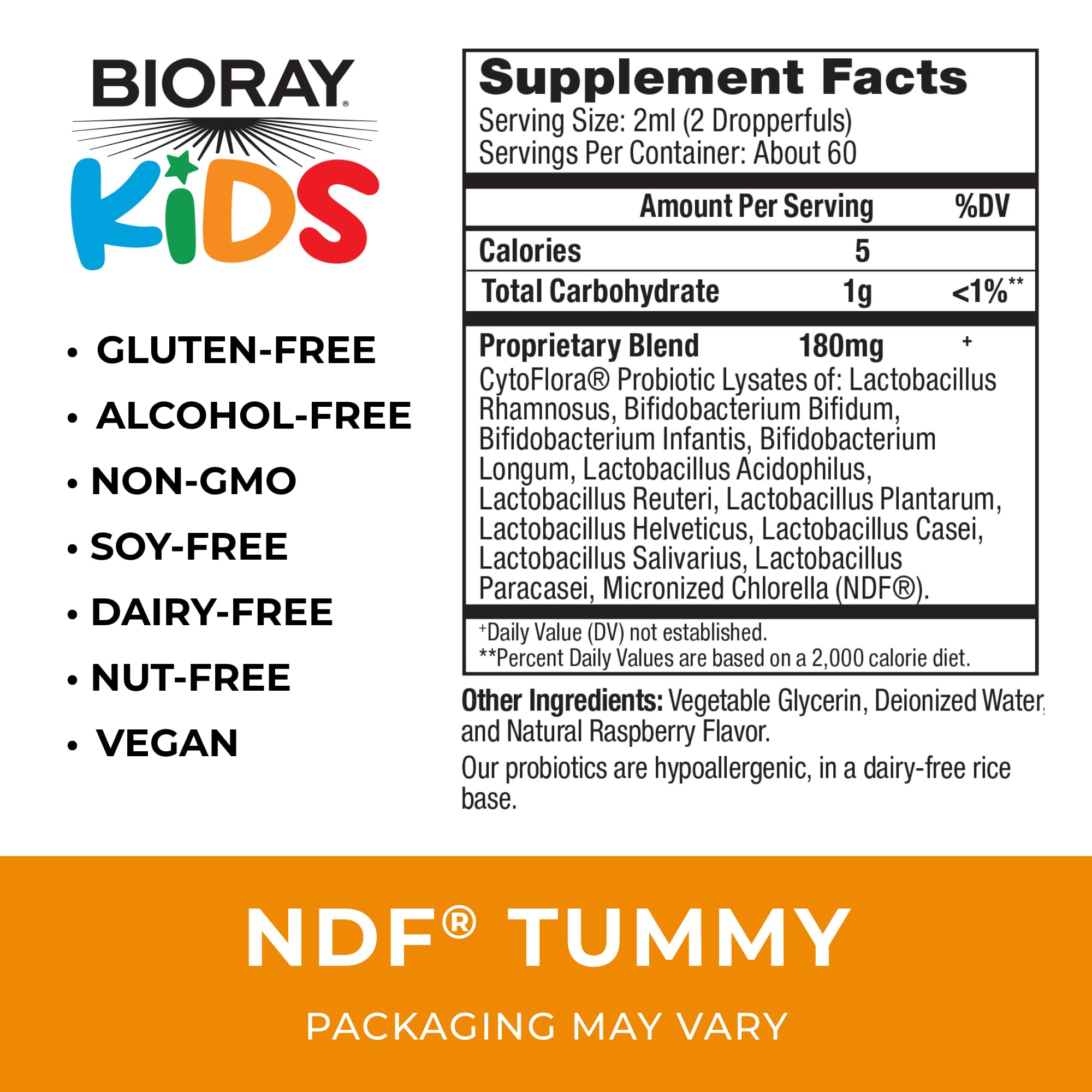 BIORAY Kids NDF Tummy, Raspberry - 4 fl oz (120 mL) - 11-Strain Probiotic Blend - Supports the Immune Response in the GI Tract - Non-GMO, Vegan, Gluten Free - Approx. 120 Servings - TrustMedUSA