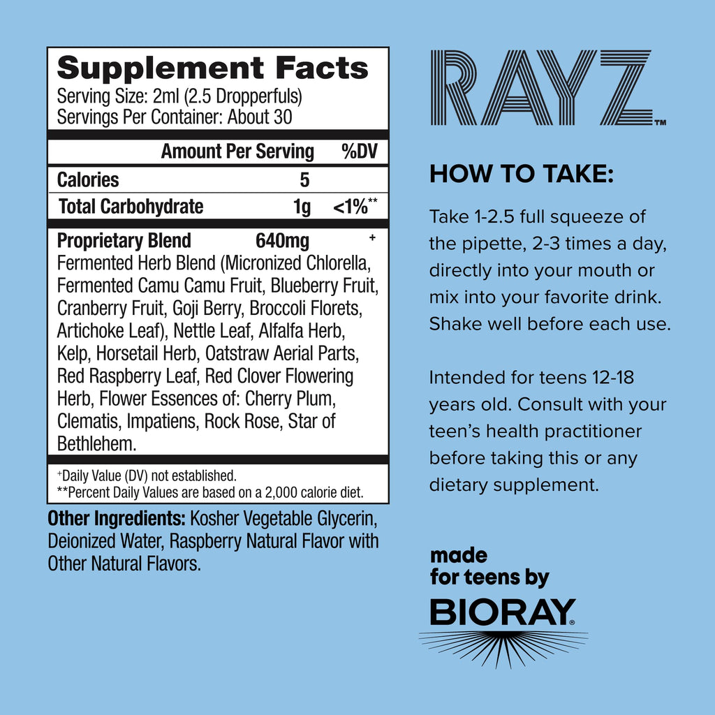 BIORAY RAYZ All Systems Glow, Raspberry Flavor - 2 fl oz - Convenient Source of Vitamins & Minerals for Teens 12-18 Years Old - TrustMedUSA