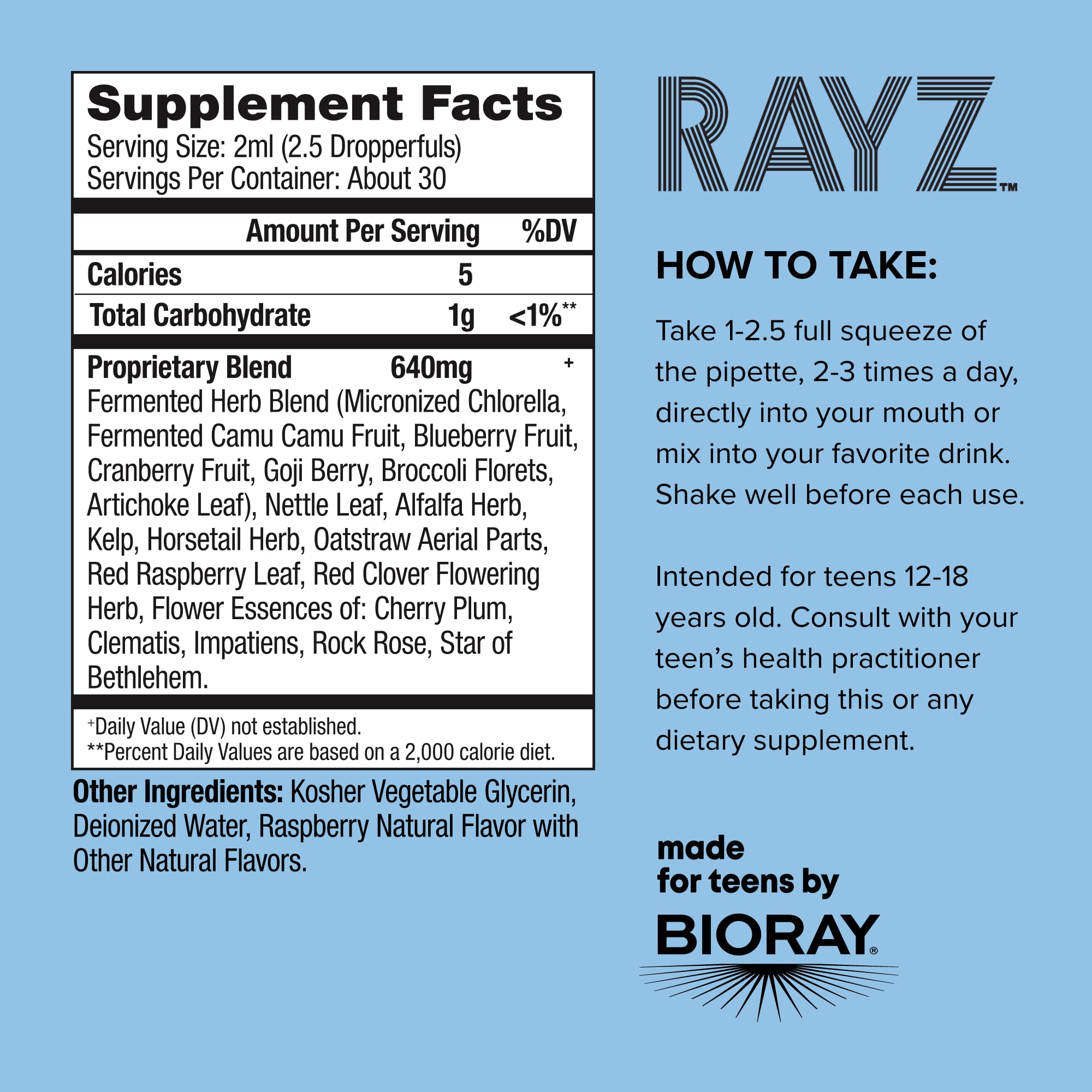 BIORAY RAYZ All Systems Glow, Raspberry Flavor - 2 fl oz - Convenient Source of Vitamins & Minerals for Teens 12-18 Years Old - TrustMedUSA
