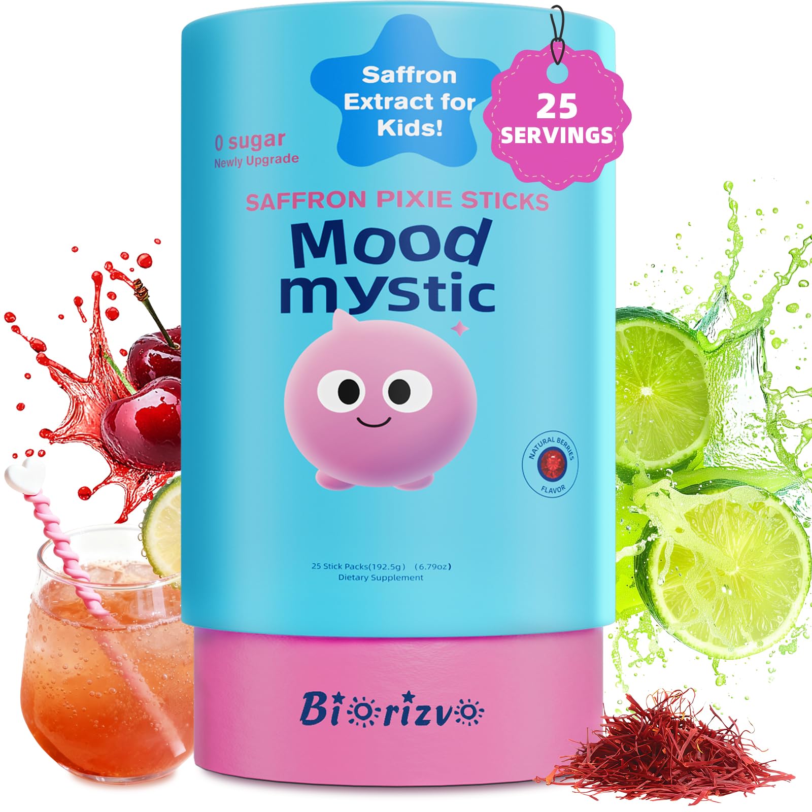 Biorizvo Saffron Drink for Kids - Saffron Exact Drink Mix with GABA, Magnesium & Vitamin D3 - Supports Mood Focus & Sleep, Calms Temper Tantrums, Fruit Punch Drink Sticks Mix for Kids 4+, Sugar-Free - Maple Wellness Supplements
