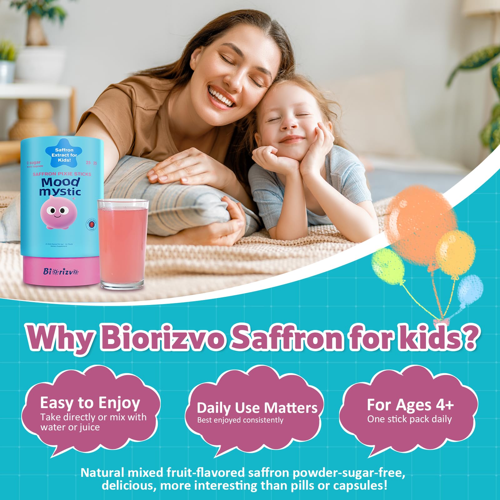 Biorizvo Saffron Drink for Kids - Saffron Exact Drink Mix with GABA, Magnesium & Vitamin D3 - Supports Mood Focus & Sleep, Calms Temper Tantrums, Fruit Punch Drink Sticks Mix for Kids 4+, Sugar-Free - Maple Wellness Supplements