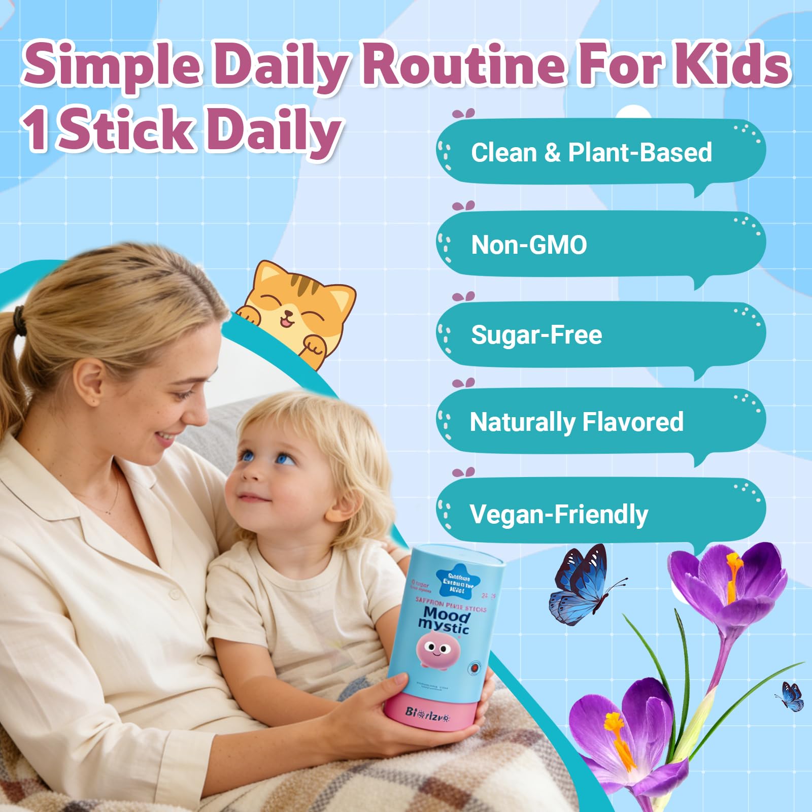 Biorizvo Saffron Drink for Kids - Saffron Exact Drink Mix with GABA, Magnesium & Vitamin D3 - Supports Mood Focus & Sleep, Calms Temper Tantrums, Fruit Punch Drink Sticks Mix for Kids 4+, Sugar-Free - Maple Wellness Supplements