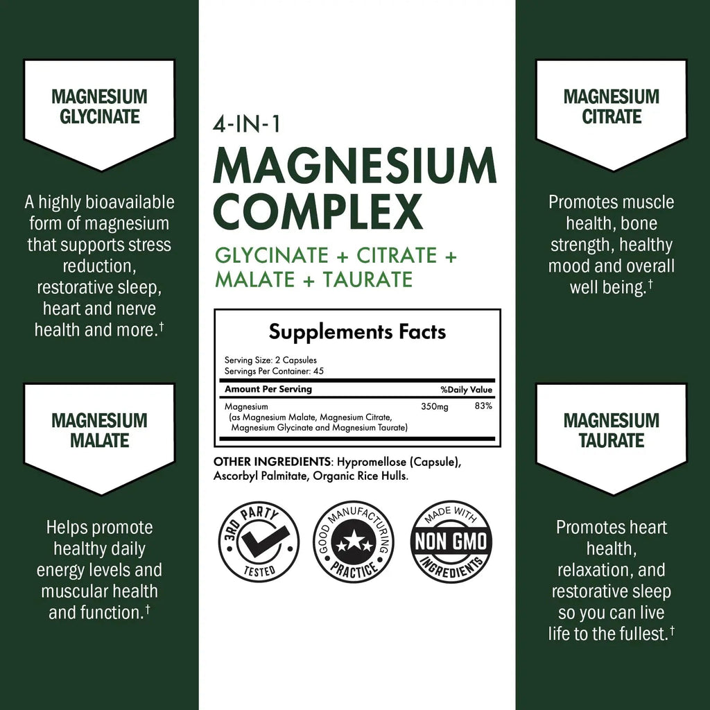 BioSchwartz Magnesium Complex Supplement (90 Capsules) 350mg Magnesium Glycinate Citrate Malate and Taurate Per Serving for Healthy Nerves Muscles Heart Sleep Support (Vegan, Gluten-Free, Non-GMO) - TrustMedUSA