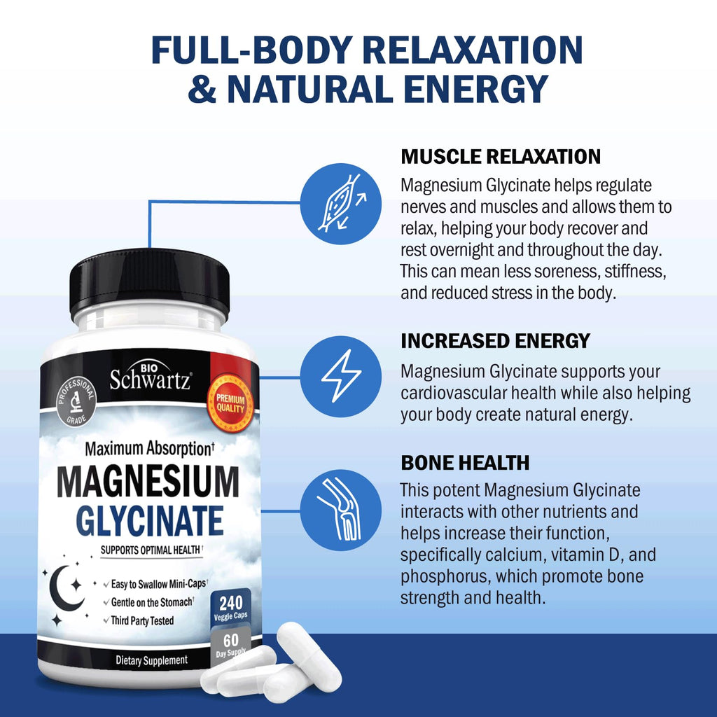 BioSchwartz Magnesium Glycinate 500mg Capsules (240 Mini Caps) Maximum Absorption Magnesium Supplement for Healthy Nerves Muscles Heart Mood and Sleep Support (Vegan, Gluten-Free, Non-GMO) - TrustMedUSA