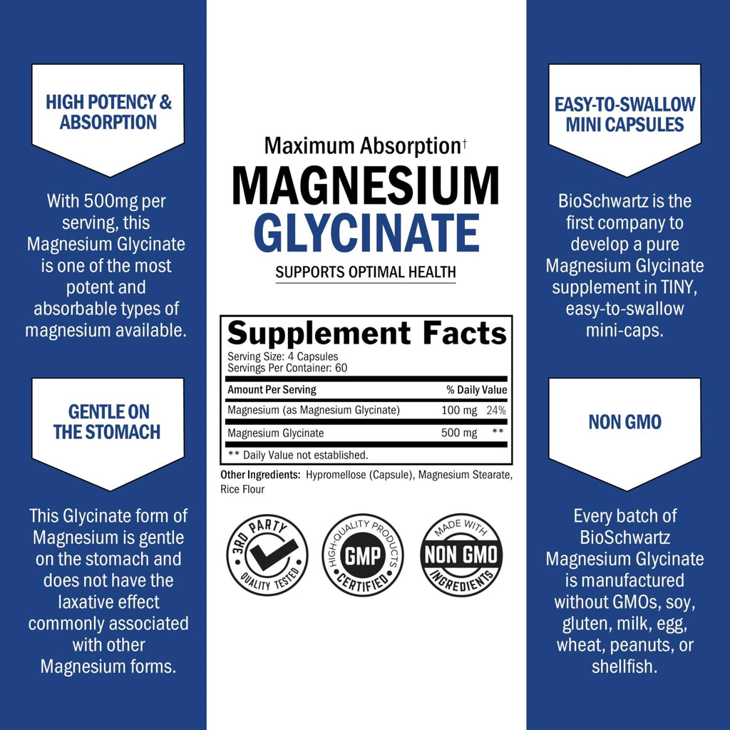 BioSchwartz Magnesium Glycinate 500mg Capsules (240 Mini Caps) Maximum Absorption Magnesium Supplement for Healthy Nerves Muscles Heart Mood and Sleep Support (Vegan, Gluten-Free, Non-GMO) - TrustMedUSA