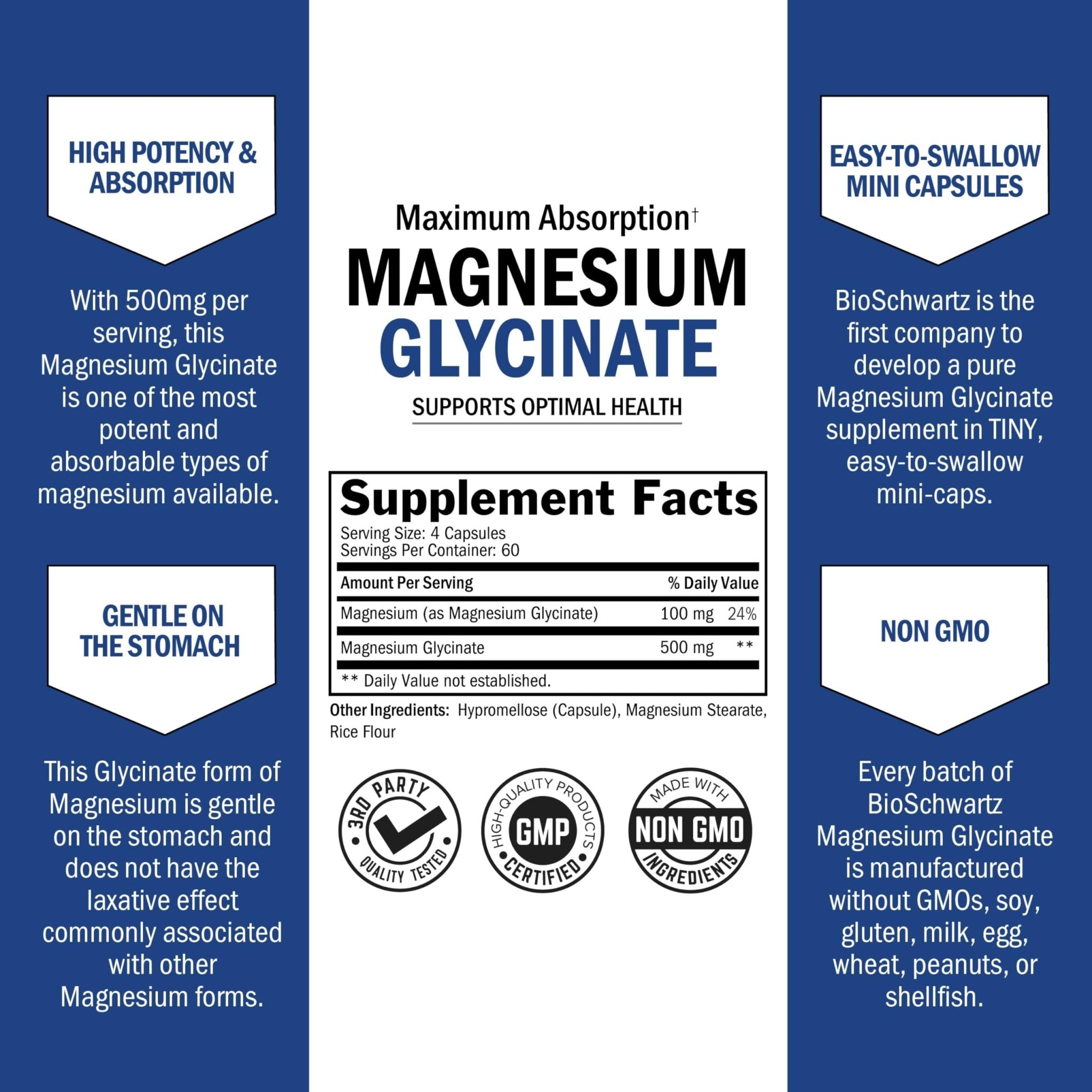 BioSchwartz Magnesium Glycinate 500mg Capsules (240 Mini Caps) Maximum Absorption Magnesium Supplement for Healthy Nerves Muscles Heart Mood and Sleep Support (Vegan, Gluten-Free, Non-GMO) - TrustMedUSA