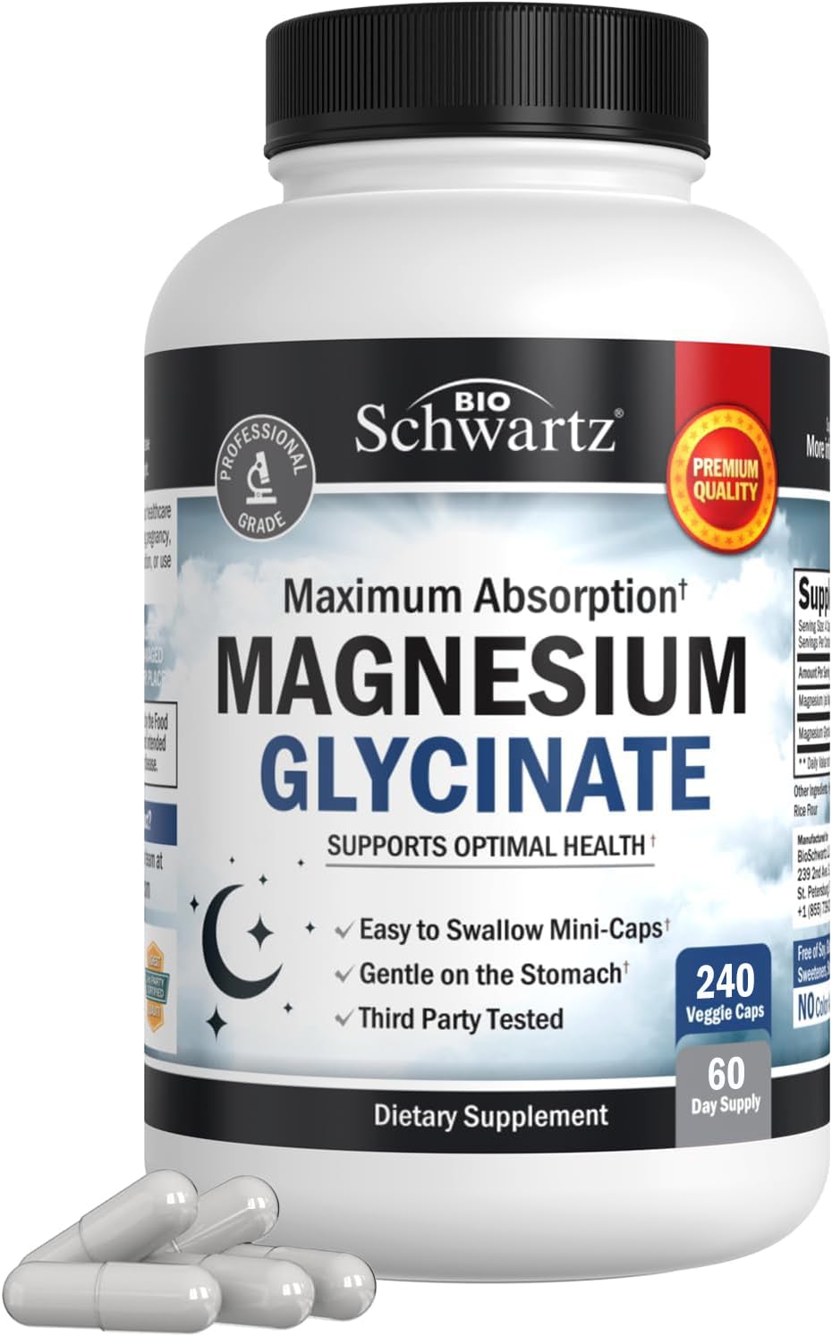 BioSchwartz Magnesium Glycinate 500mg Capsules (240 Mini Caps) Maximum Absorption Magnesium Supplement for Healthy Nerves Muscles Heart Mood and Sleep Support (Vegan, Gluten-Free, Non-GMO) - TrustMedUSA