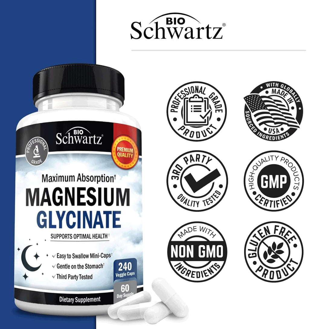 BioSchwartz Magnesium Glycinate 500mg Capsules (240 Mini Caps) Maximum Absorption Magnesium Supplement for Healthy Nerves Muscles Heart Mood and Sleep Support (Vegan, Gluten-Free, Non-GMO) - TrustMedUSA