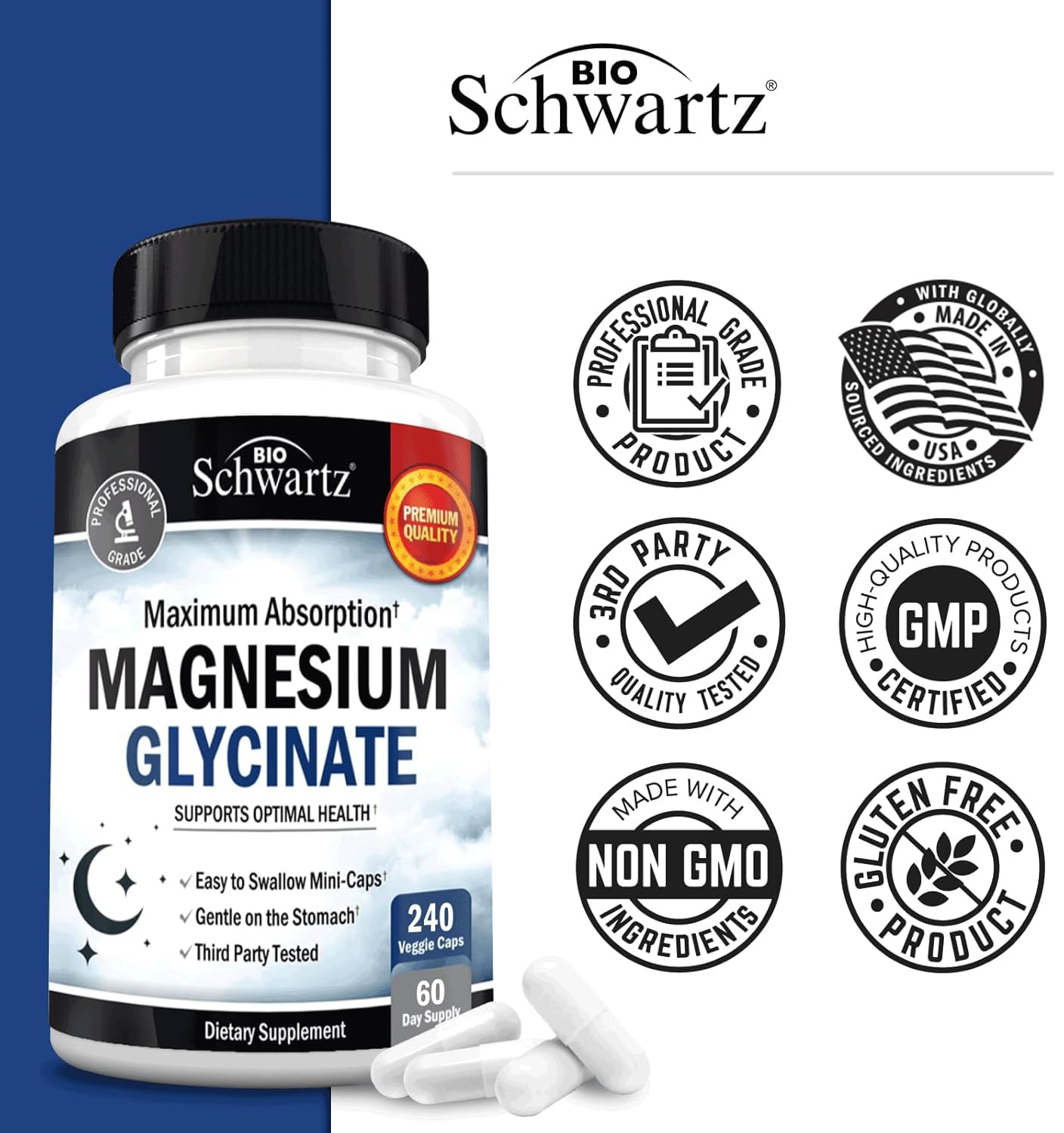 BioSchwartz Magnesium Glycinate 500mg Capsules (240 Mini Caps) Maximum Absorption Magnesium Supplement for Healthy Nerves Muscles Heart Mood and Sleep Support (Vegan, Gluten-Free, Non-GMO) - TrustMedUSA