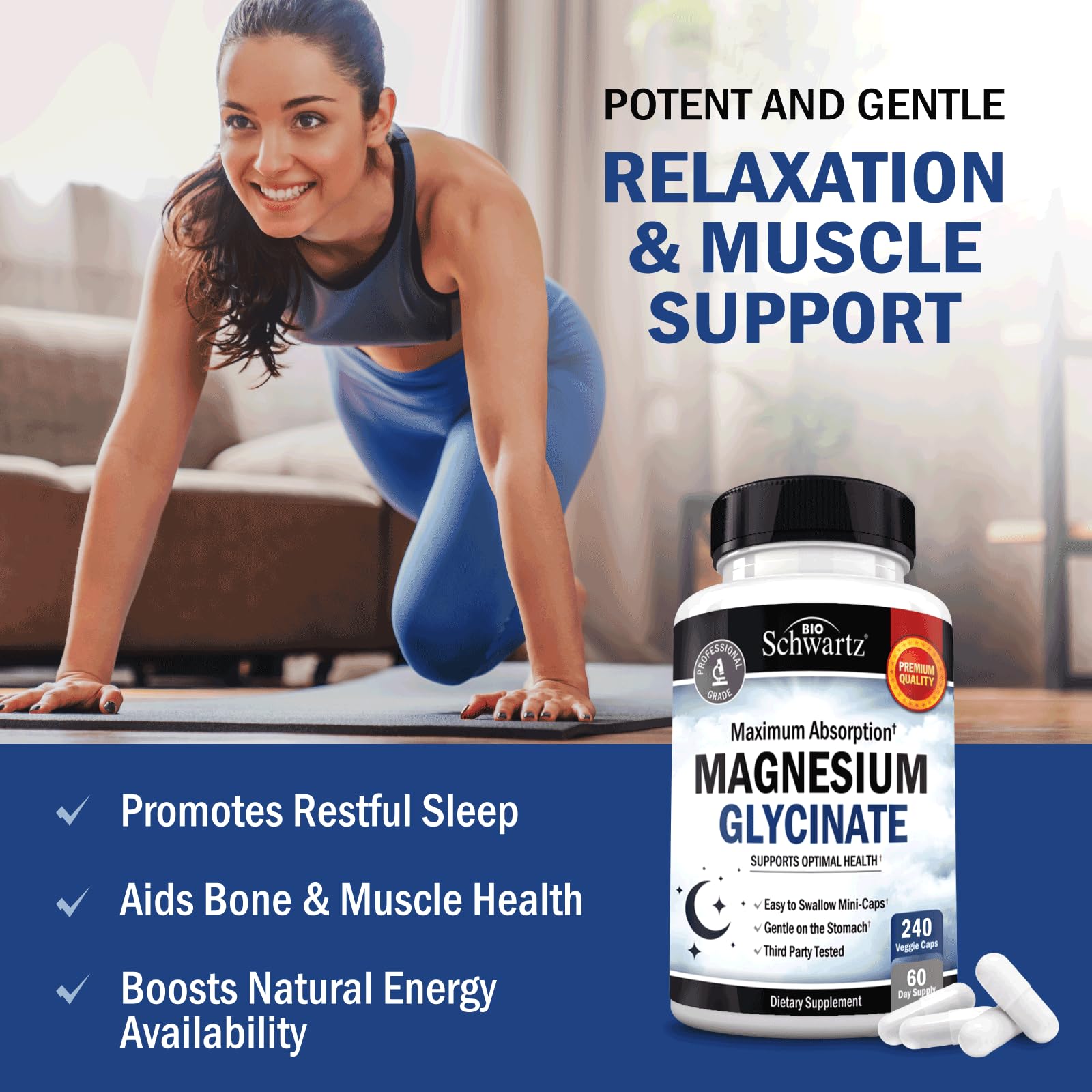BioSchwartz Magnesium Glycinate 500mg Capsules (240 Mini Caps) Maximum Absorption Magnesium Supplement for Healthy Nerves Muscles Heart Mood and Sleep Support (Vegan, Gluten-Free, Non-GMO) - TrustMedUSA